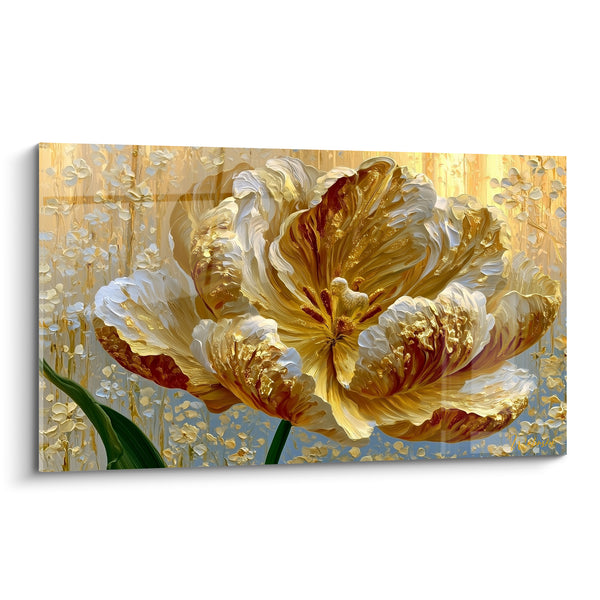 Tableau Tulipe blanche et dorée aux pétales sculptés en relief - Fleurs miniatures en arrière-plan - Edition Tulipe