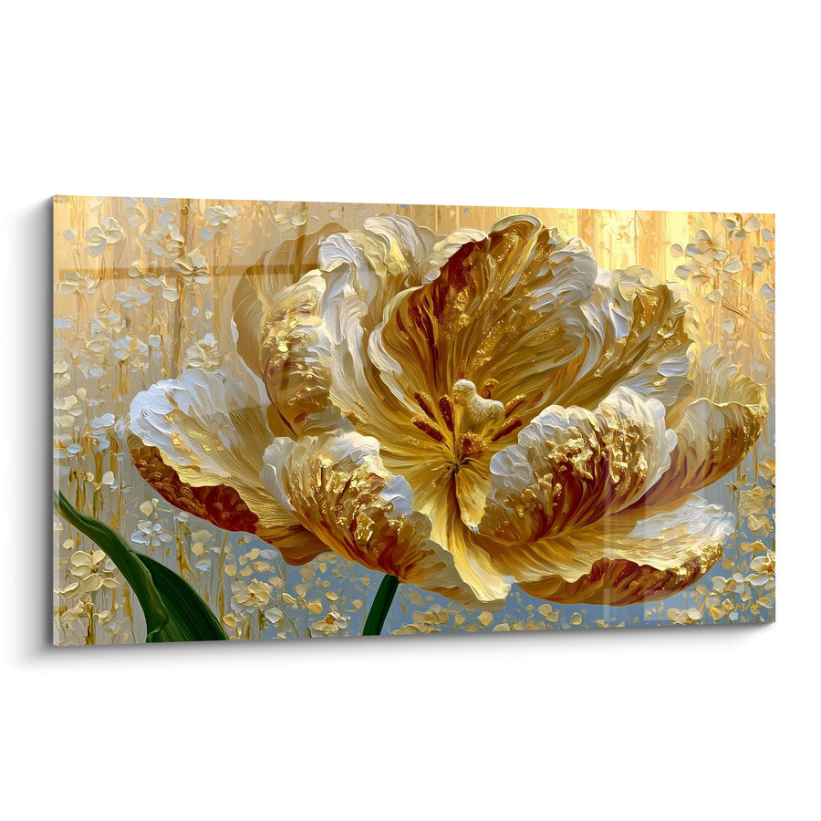 Tableau Tulipe blanche et dorée aux pétales sculptés en relief - Fleurs miniatures en arrière-plan - Edition Tulipe