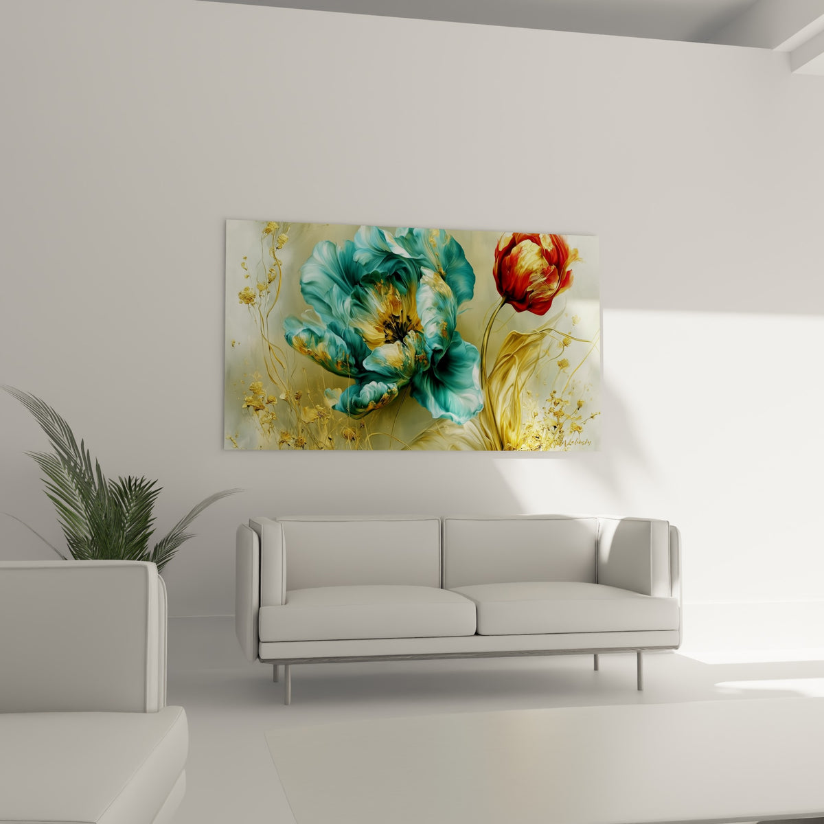 Fleur bleu pastel et rouge aux nuances dorées suspendue au-dessus d'un canapé dans un salon lumineux