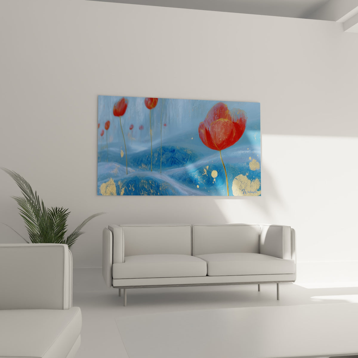 Fleur rouge écarlate aux accents dorés surplombant des vagues bleu marine, dans un salon lumineux