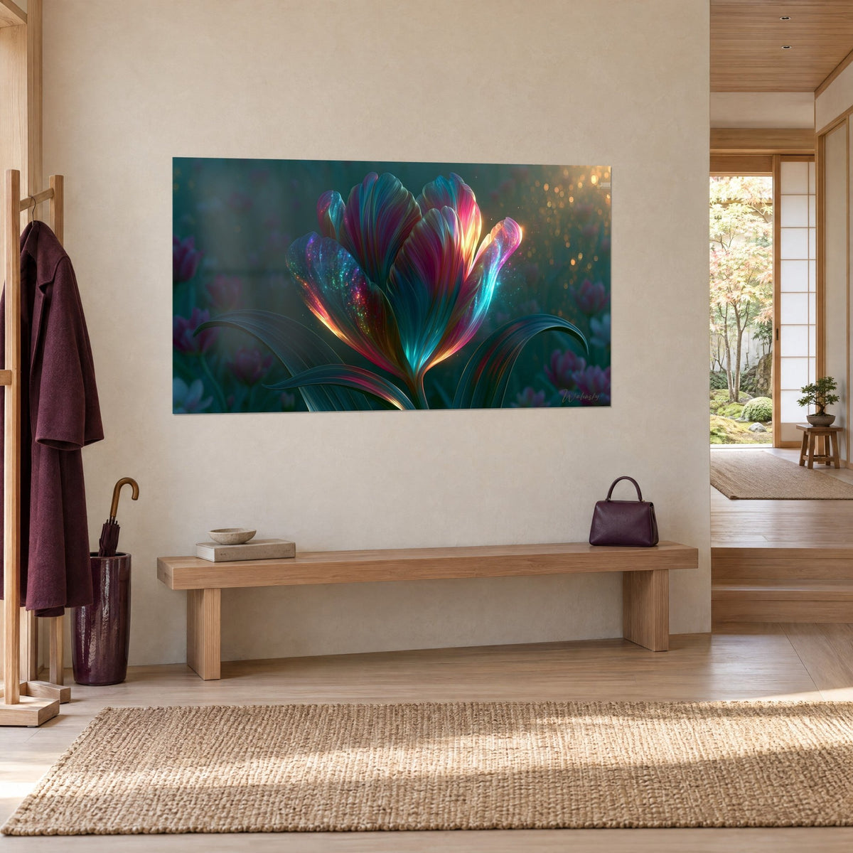 Tableau fleur féerique aux pétales satinés magenta et cyan, bokeh doré en haut à droite, mur crème et banc en bois clair