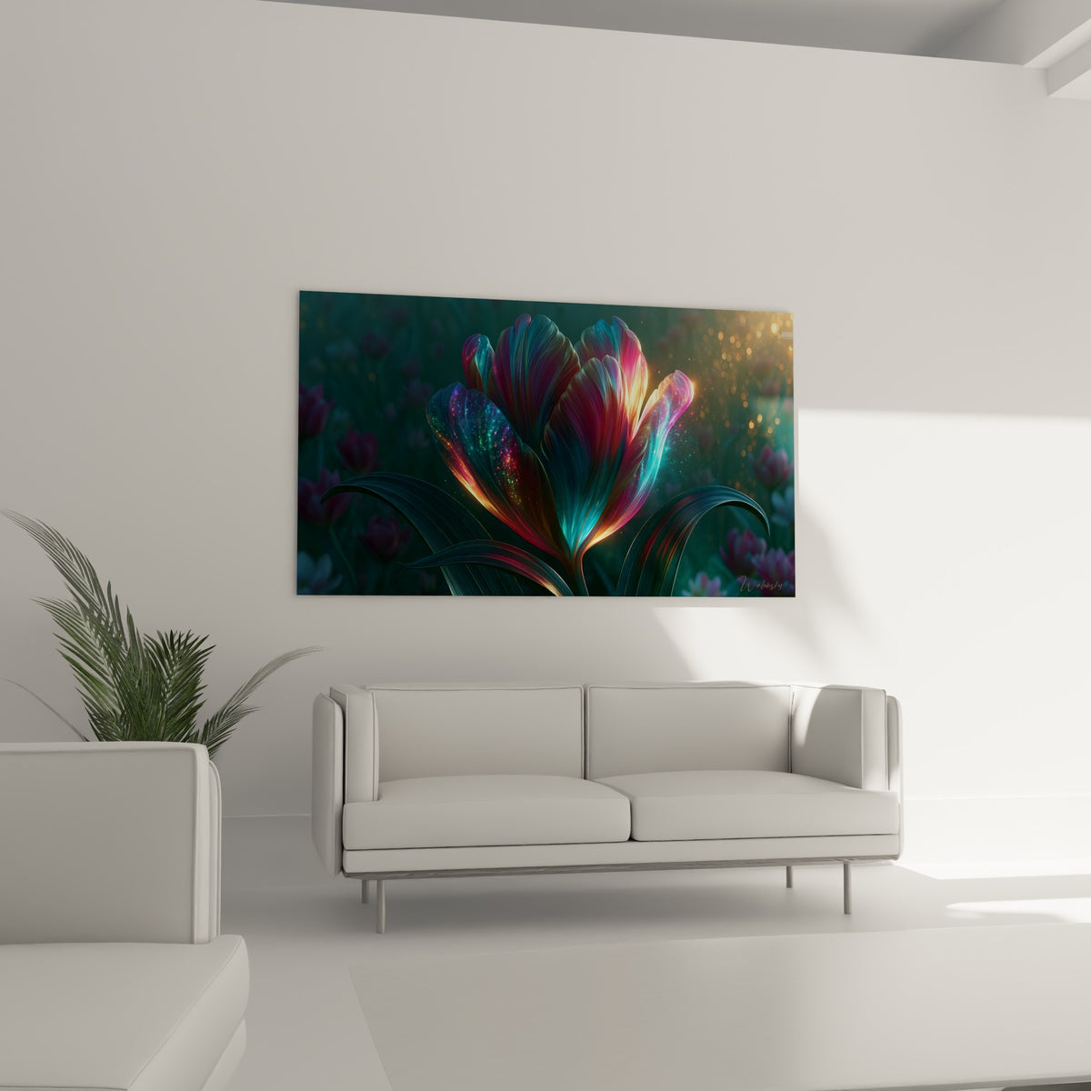 Tulipe dorée et fuchsia rayonnante, fleur féerique au-dessus d'un canapé dans un salon lumineux
