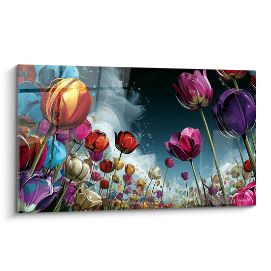 Tulipes géantes dorées, violettes et fuchsia s'élançant vers un ciel bleu nuit brumeux