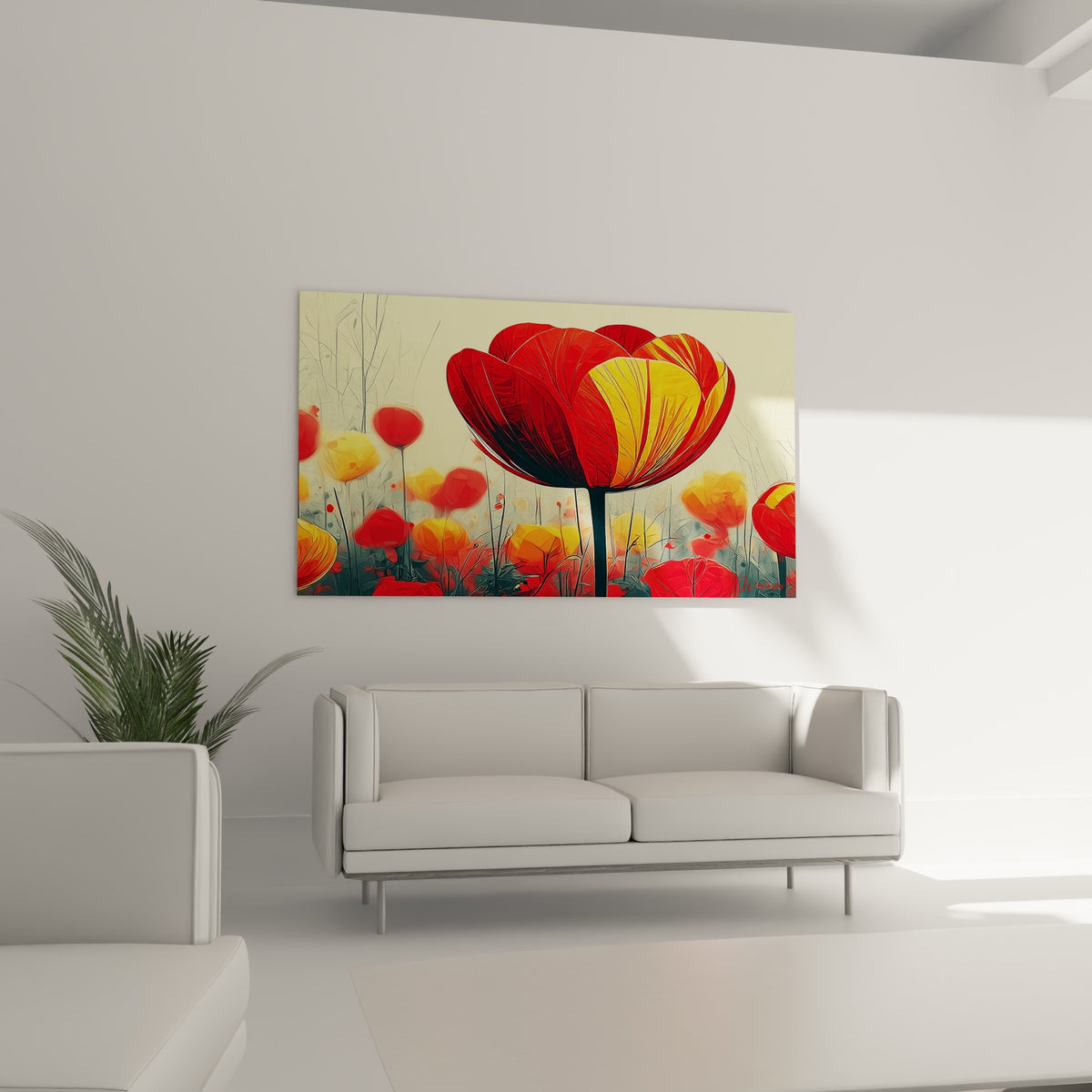 Tulipe écarlate et dorée dominant un champ de fleurs, suspendue au-dessus d'un canapé dans un salon lumineux