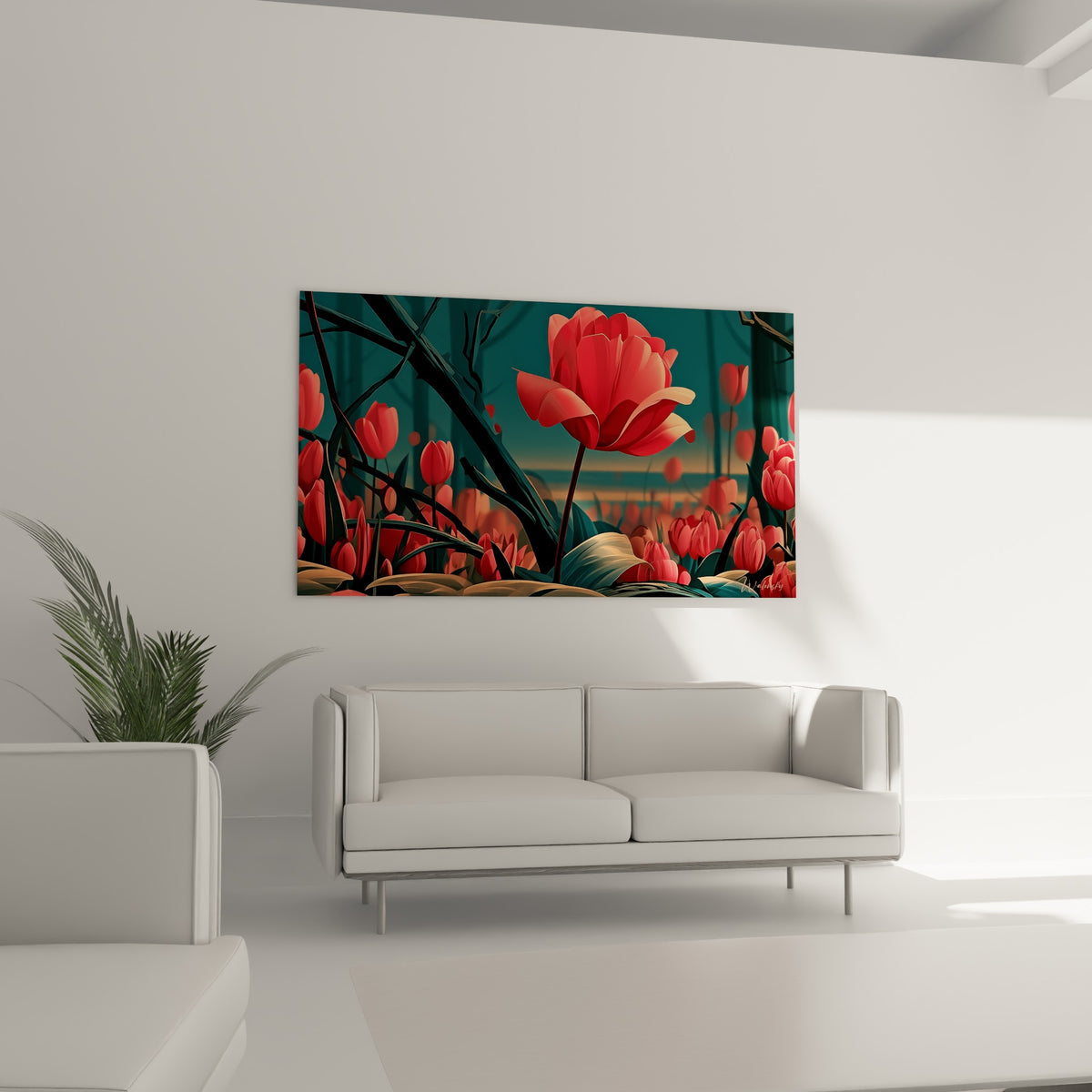 Corolle écarlate de la Tulipe se dressant sur fond bleu profond au-dessus d'un canapé dans un salon lumineux