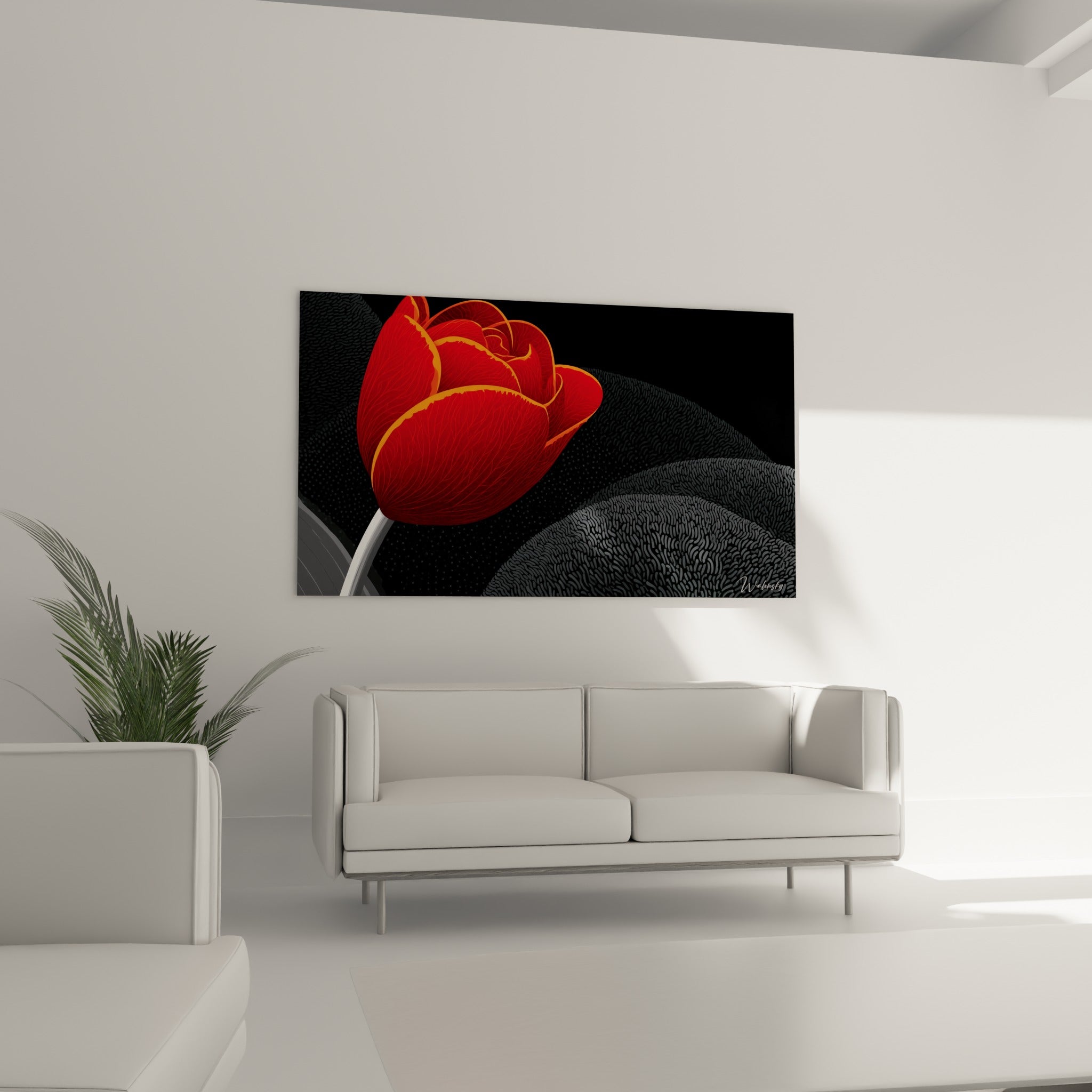 Tulipe écarlate sur fond anthracite strié accrochée au-dessus d'un canapé dans un salon lumineux