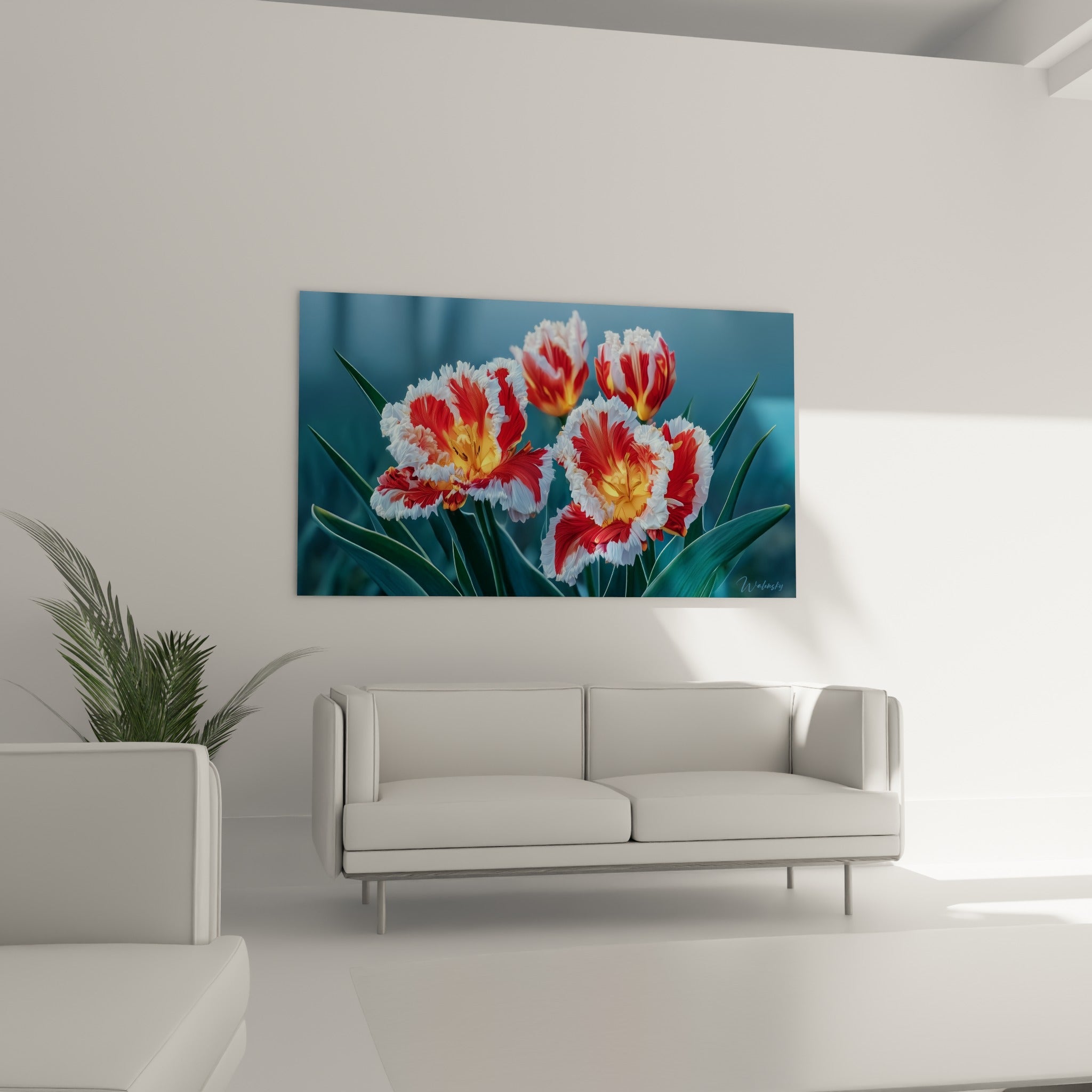 Fleurs de tulipe rouge et blanche à cœur jaune vif, disposées au-dessus d'un canapé dans un salon lumineux