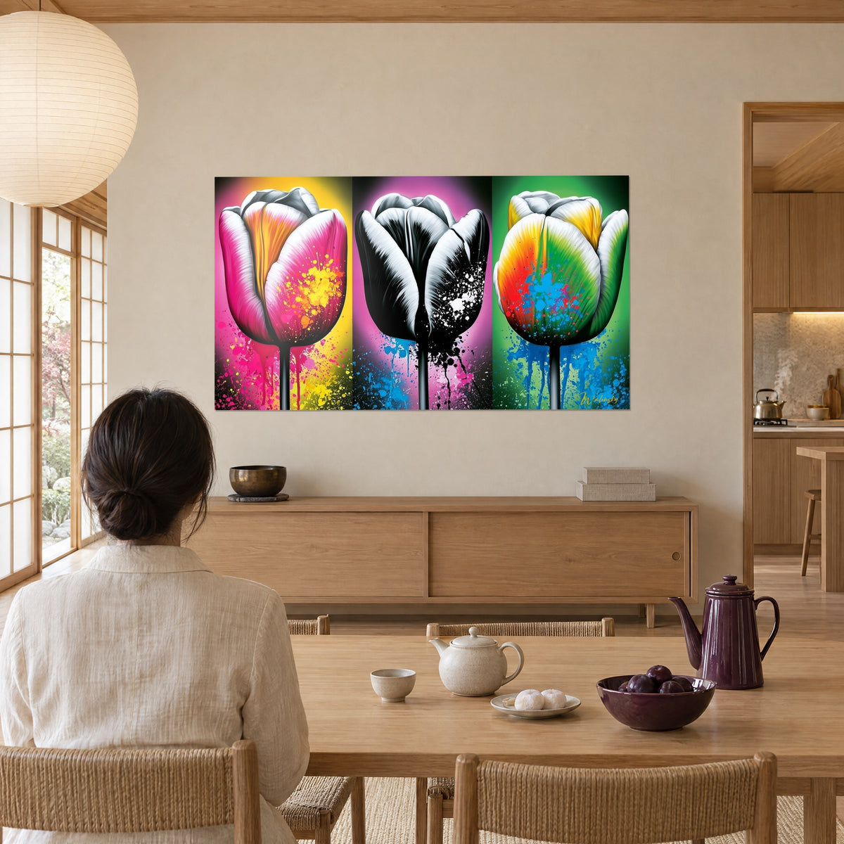 Tableau bouquet de trois tulipes graffiti, pétales rose vif, ébène et vert prairie, face à une femme attablée de dos près d'un thé