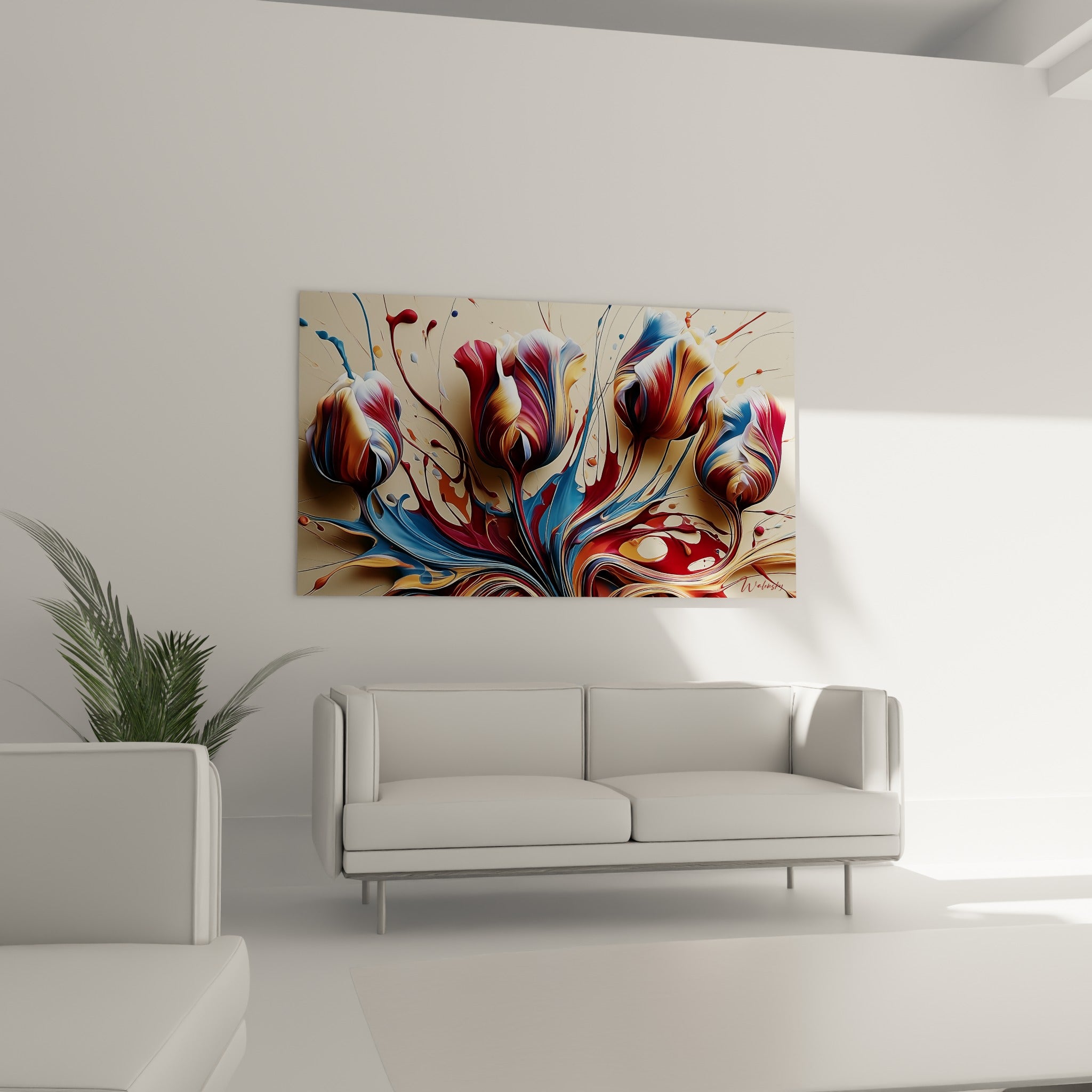 Fleurs de tulipes bleu marine et doré aux coulures vibrantes, au-dessus d'un canapé dans un salon lumineux