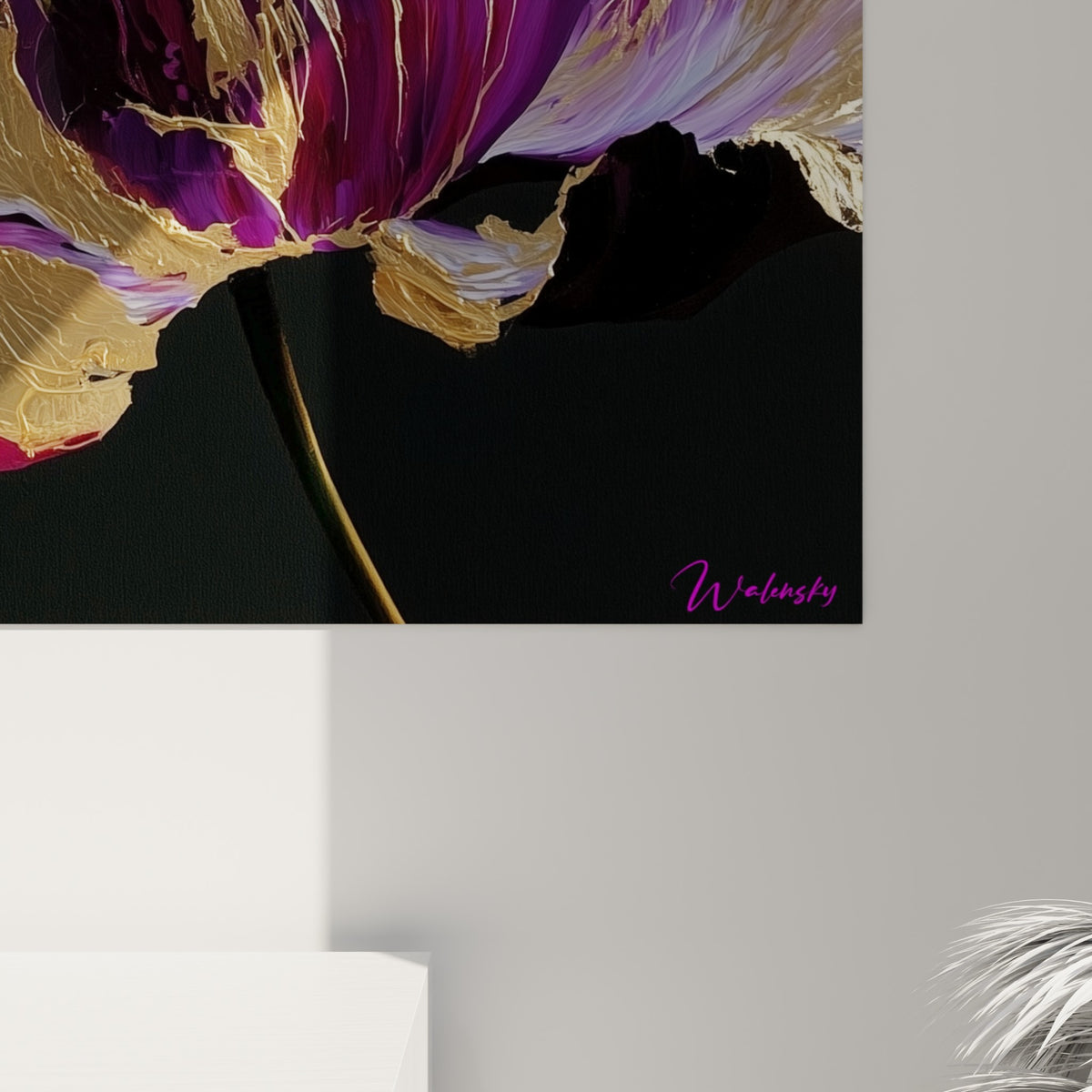 Empâtements dorés et coulures violettes de la Tulipe révélant le grain épais de la peinture