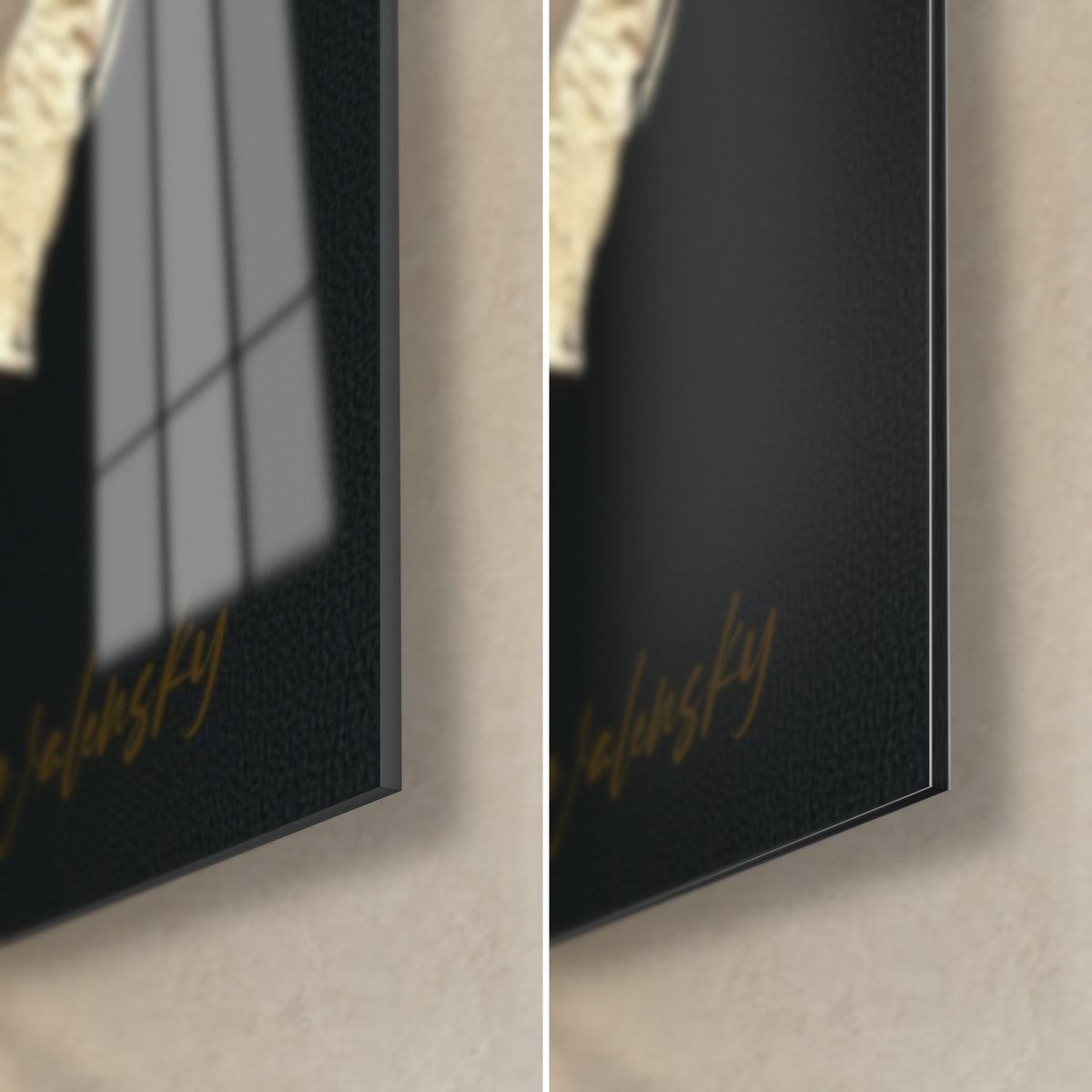 Tableau tulipe pourpre et dorée, coin bas droit : verre acrylique brillant reflétant une fenêtre, Dibond noir mat, tranche fine