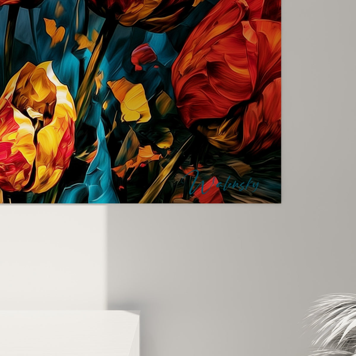 Empâtements de peinture rouge et bleu sur les pétales de tulipe révélant la matière picturale