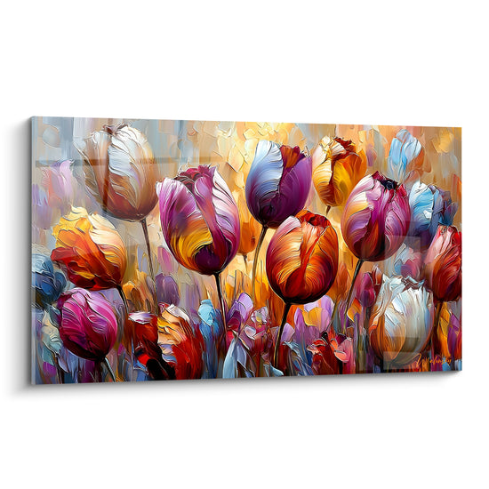 Tulipes aux pétales prune, ocre et bleu pastel peintes en empâtements texturés lumineux