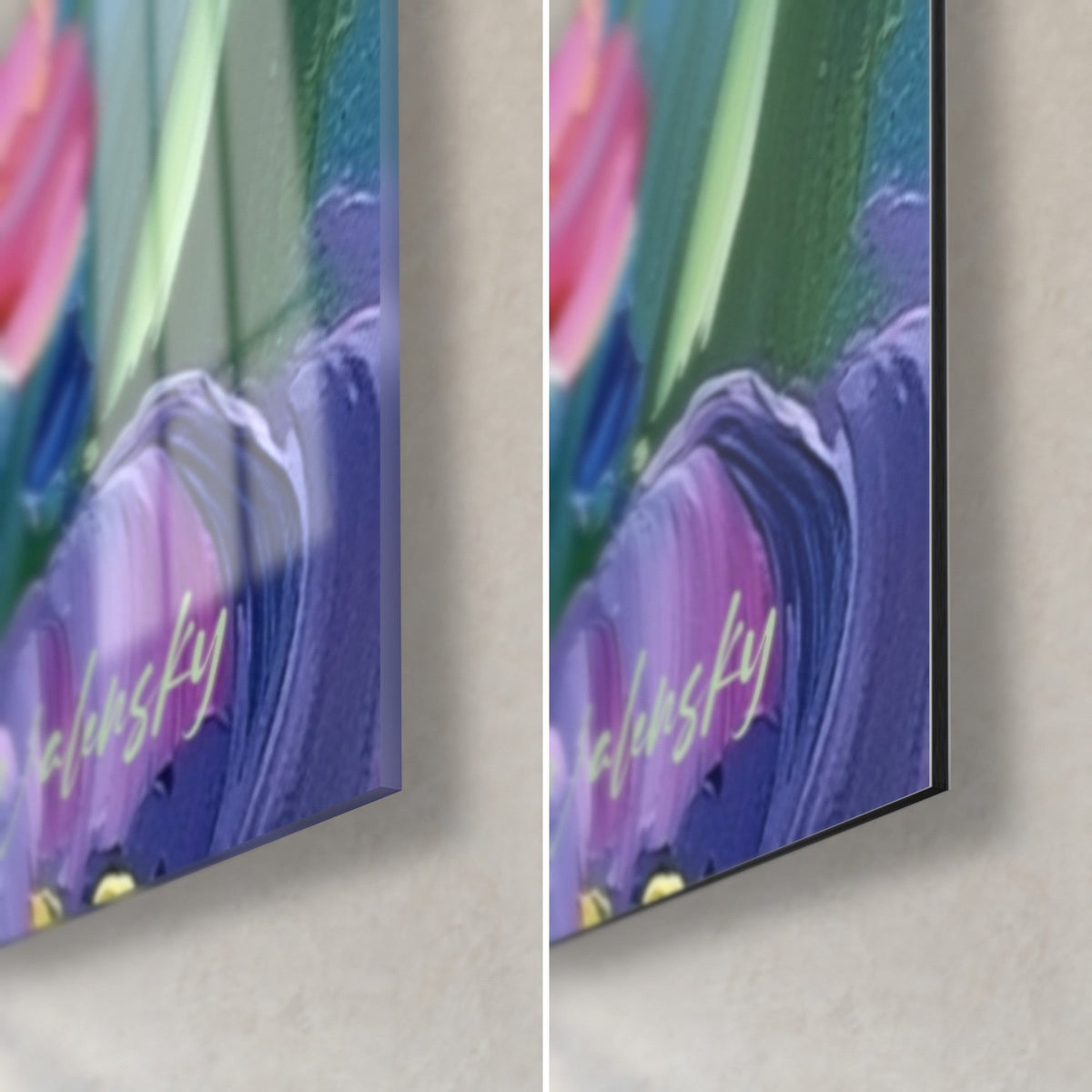 Cuadro pétalos violetas y rosas en óleo grueso, firma dorada, esquina de vidrio brillante y aluminio Dibond mate de 3 mm