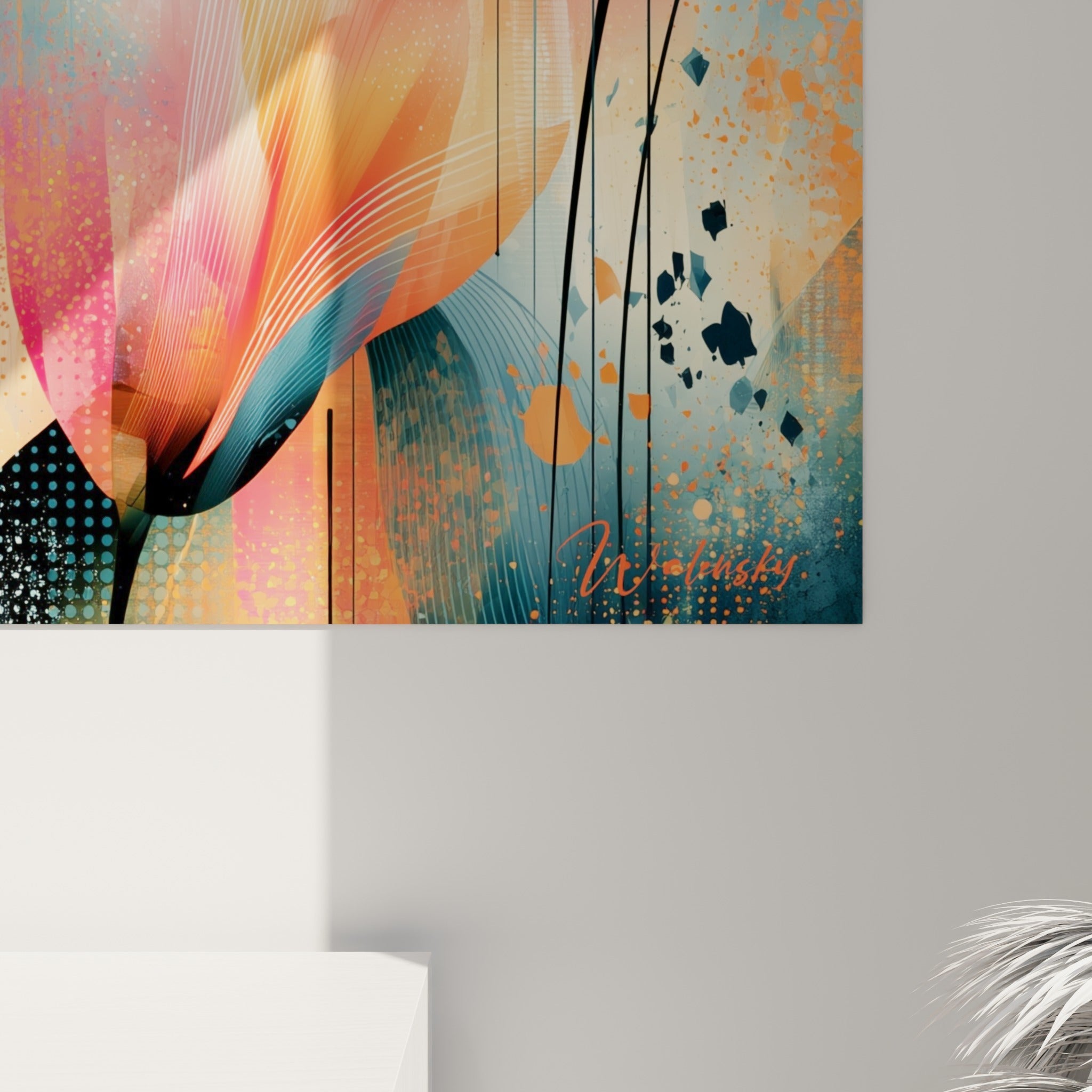 Empâtements orangés et coulures anthracite visibles de près sur les pétales translucides du tableau tulipe