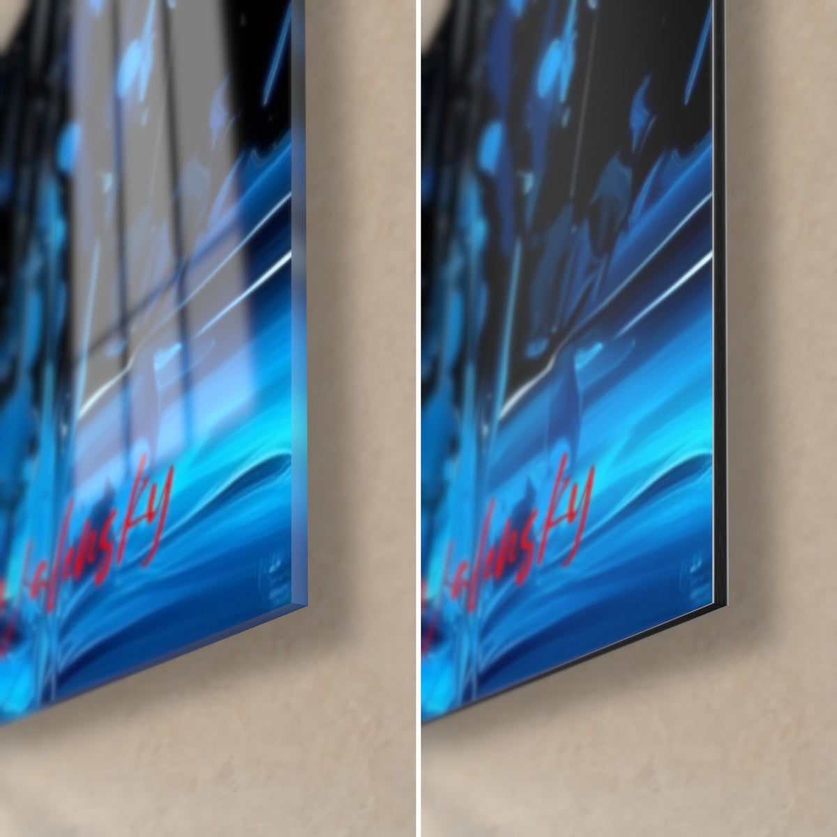 Tableau fleurs rouges et bleues, coin bas droit : verre acrylique brillant à gauche, Dibond mat à droite, tranche 3 mm