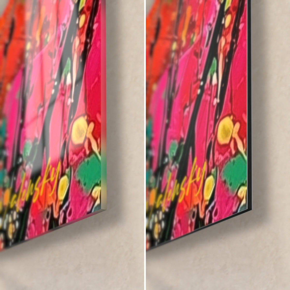 Cuadro tulipán rosa intenso con salpicaduras amarillas, esquina inferior derecha, cristal acrílico brillante a la izquierda, aluminio Dibond mate a la derecha