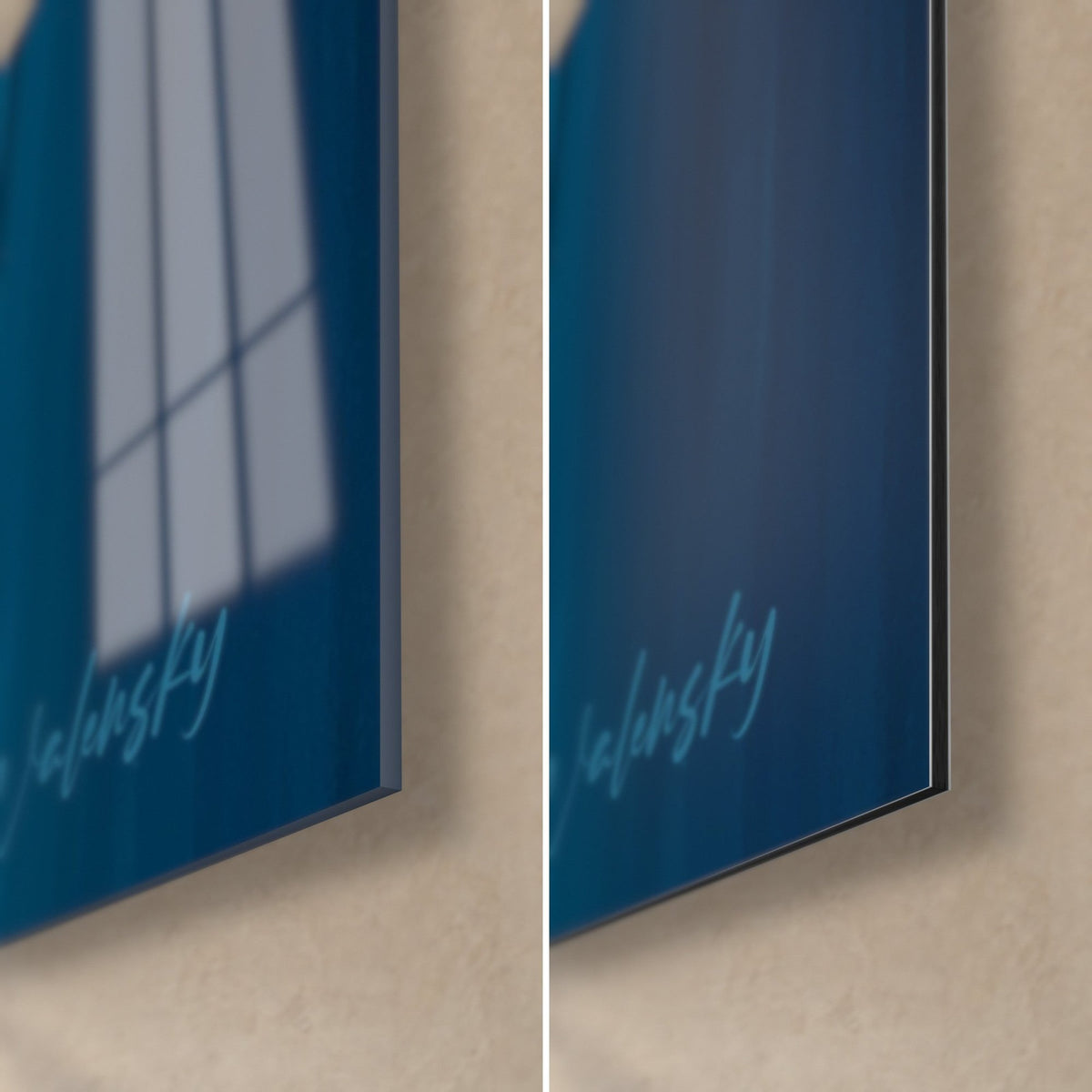 Wall art golden and blue tulips, bottom right corner: glossy acrylic glass with reflections, matte navy Dibond aluminium, 3 mm edge