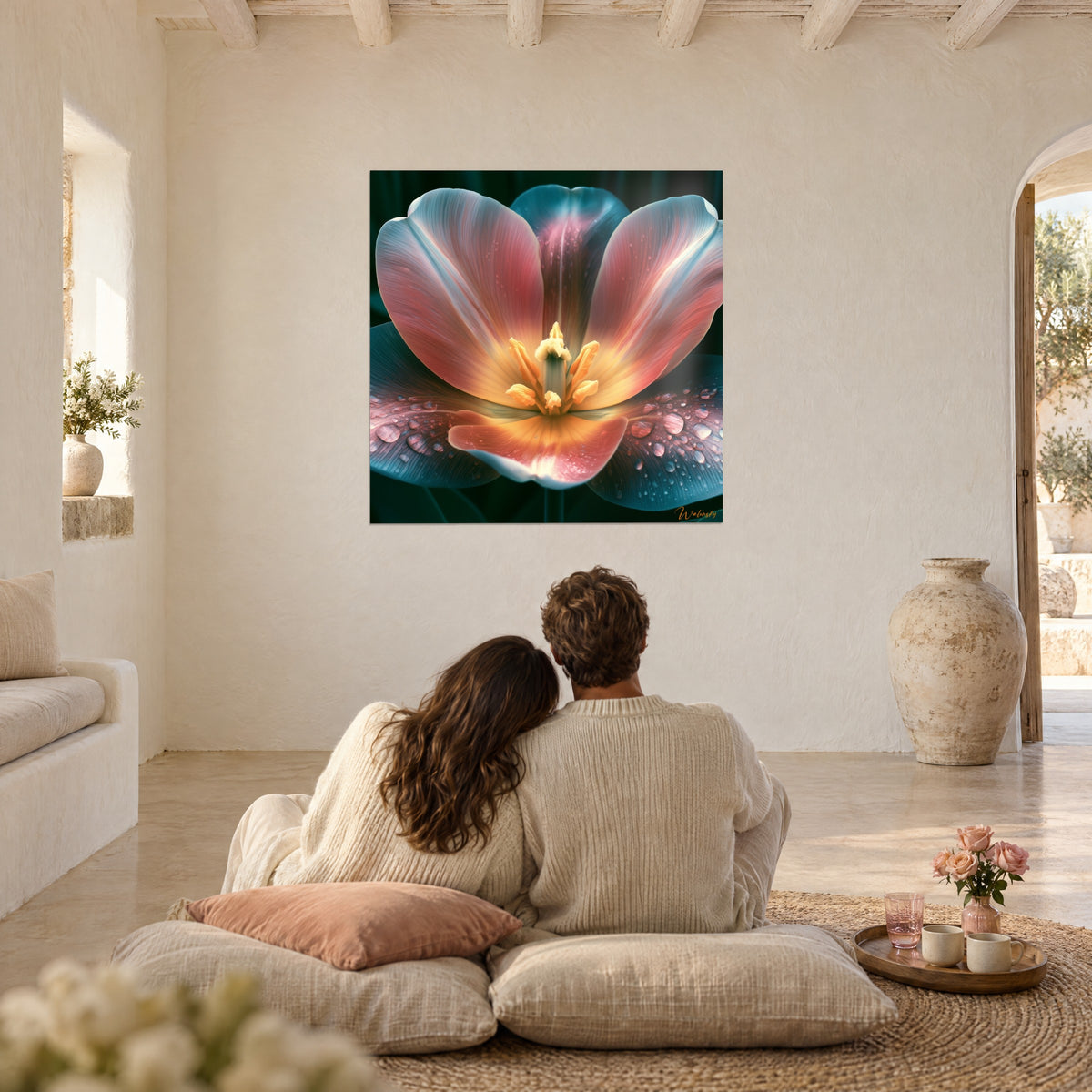 Wall art of a fully opened tulip, amber stamens and dew on blue petals, facing a couple seated on cushions