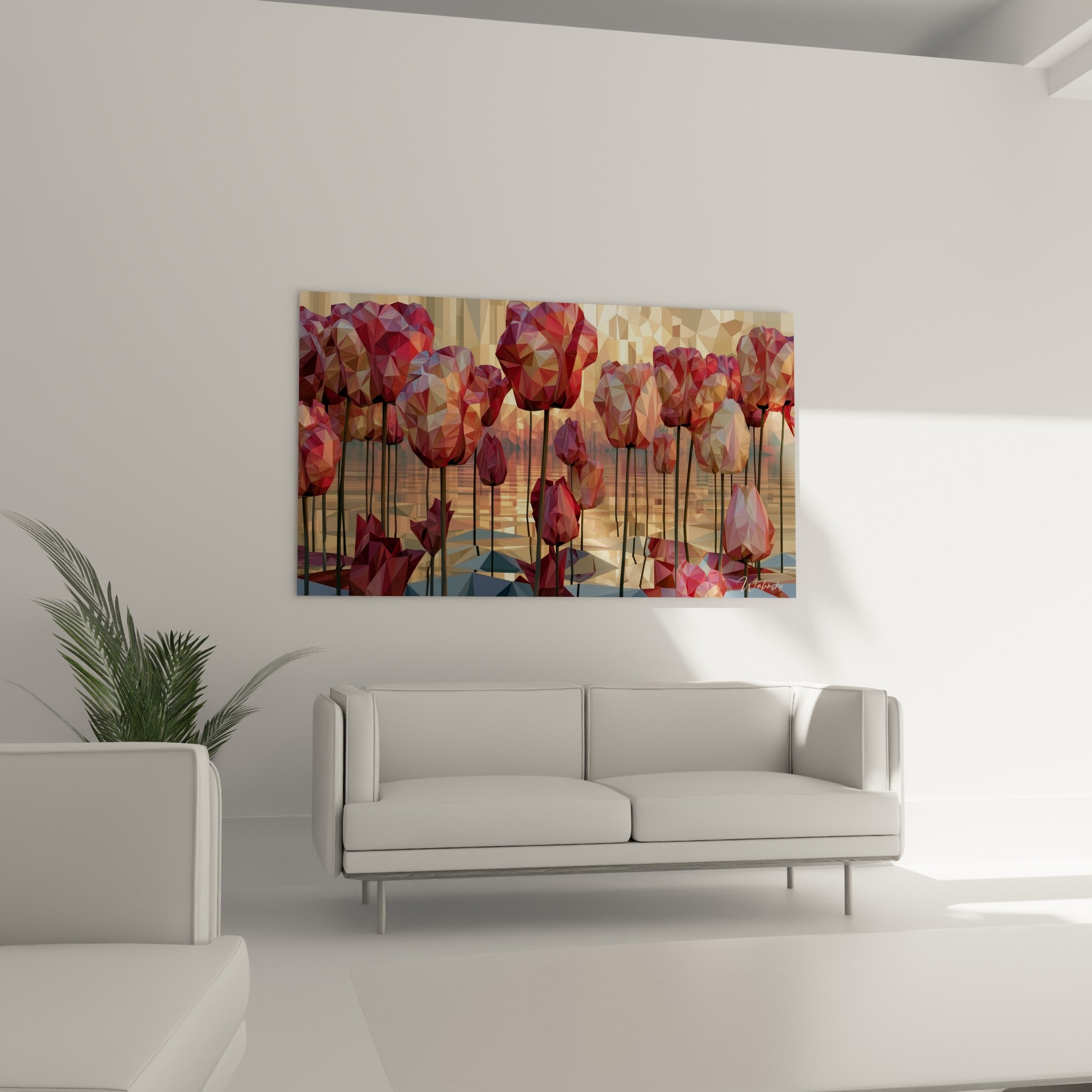 Fleurs géométriques dorées et roses positionnées au-dessus d'un canapé dans un salon lumineux