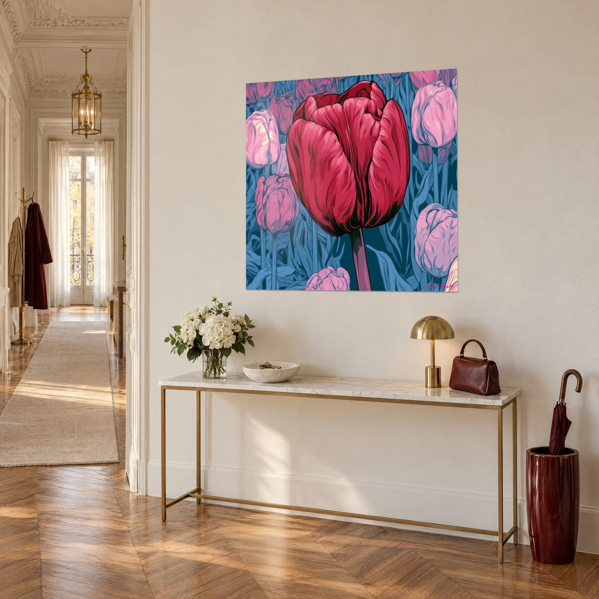 Wall art Scarlet flower with ink-drawn line outlined in black, pale pink tulips on blue background, above a gilded console in a Haussmann-style hallway