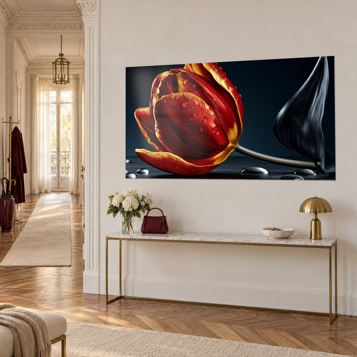Wall art scarlet flower with amber-edged petals, grey stem lying beside a black leaf, three-quarter view above a gilded console