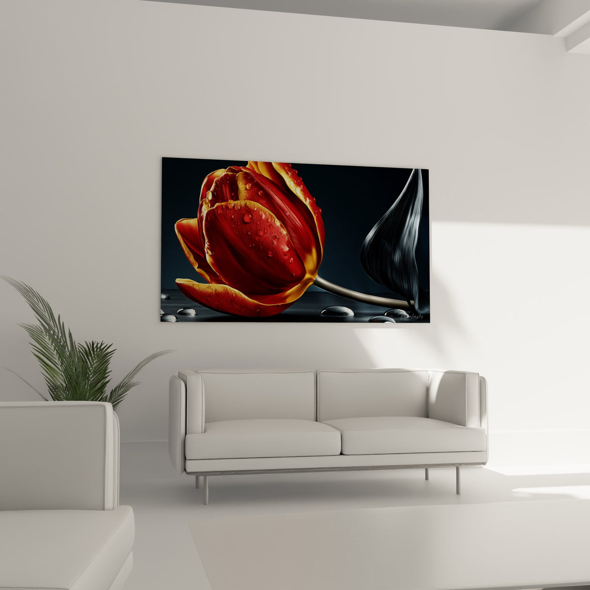 Tulipe rouge fauve ornée de rosée scintillante accrochée au-dessus d'un canapé dans un salon lumineux