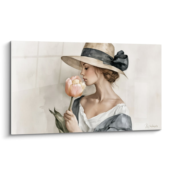 Gemälde Frau mit beige-grauem Hut, der eine Blume atmet - Porträt mit schwarzem Band - Tulpen-Edition