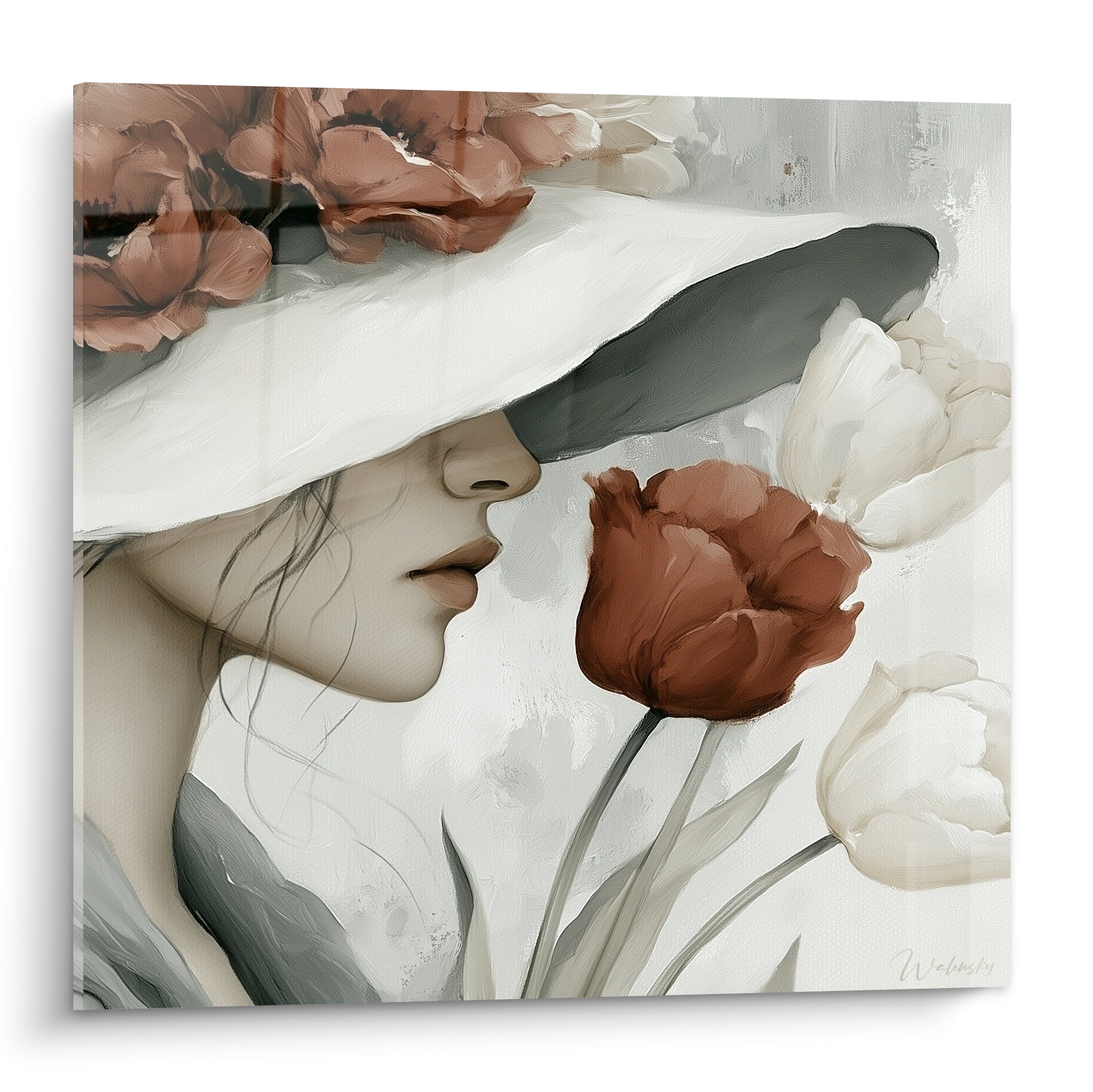 Femme au chapeau blanc et tulipe terracotta, profil voilé, peinture douce en gris et blanc cassé