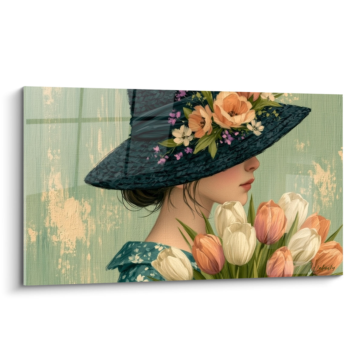Femme de profil au chapeau bleu marine et bouquet de tulipes pêche sur fond vert sauge patiné