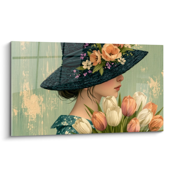 Tableau Femme au chapeau bleu et bouquet pêche - Élégance printanière - Edition Tulipe