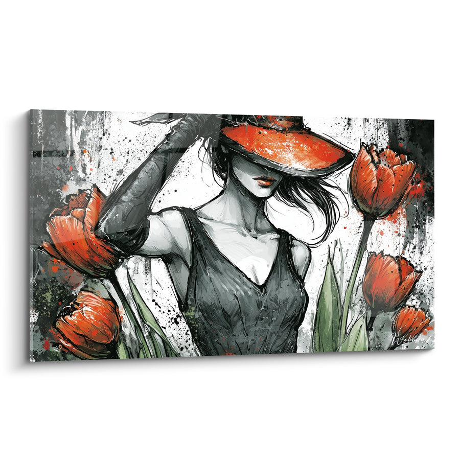 Tableau Femme au chapeau rouge parmi tulipes - Élégance voilée - Edition Tulipe