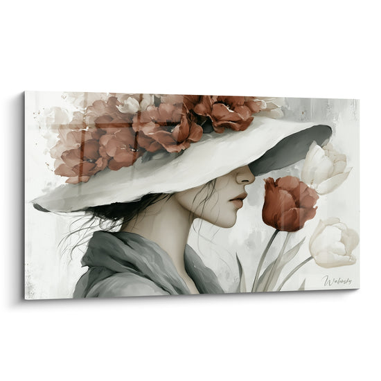 Femme au chapeau blanc et fleurs terracotta, portrait peint aux tons gris anthracite