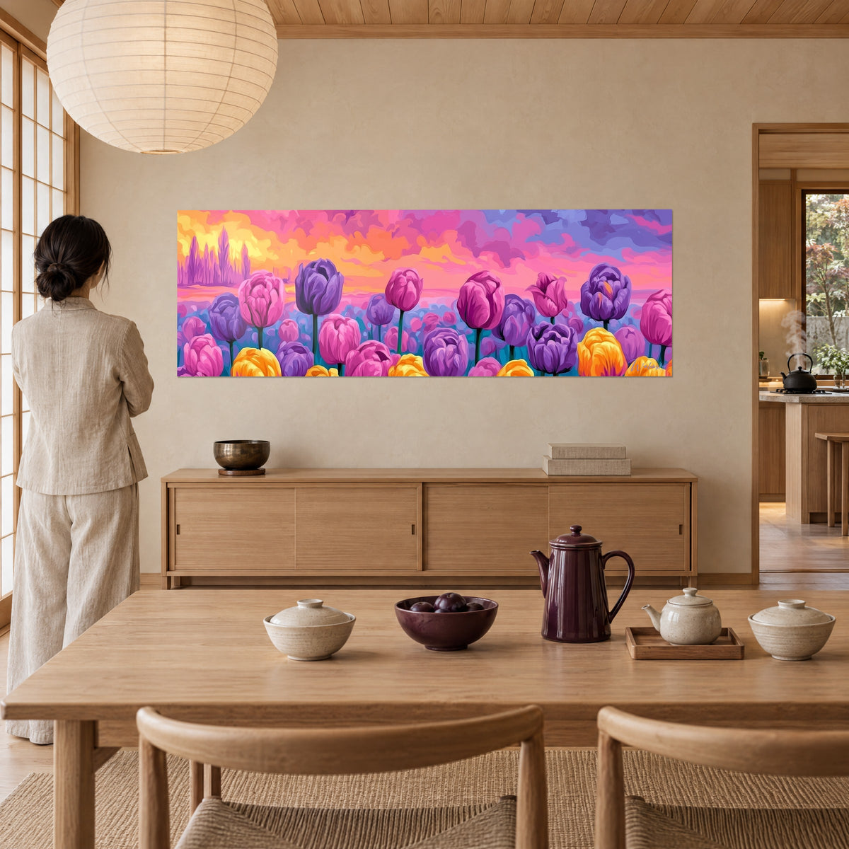 Quadro prato di tulipani magenta e viola, nuvole arancio e azzurrate, sagome di alberi lontani, accanto a un tavolo di legno