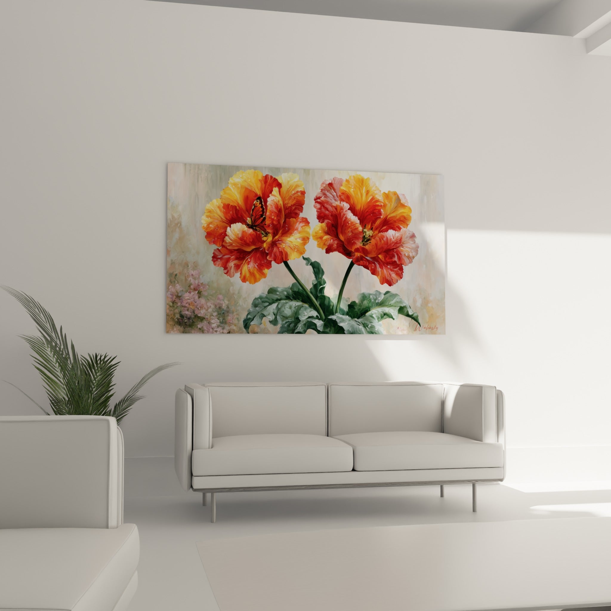 Fleurs de tulipe orangées et rouge vif au feuillage vert sauge, disposées au-dessus d'un canapé dans un salon lumineux