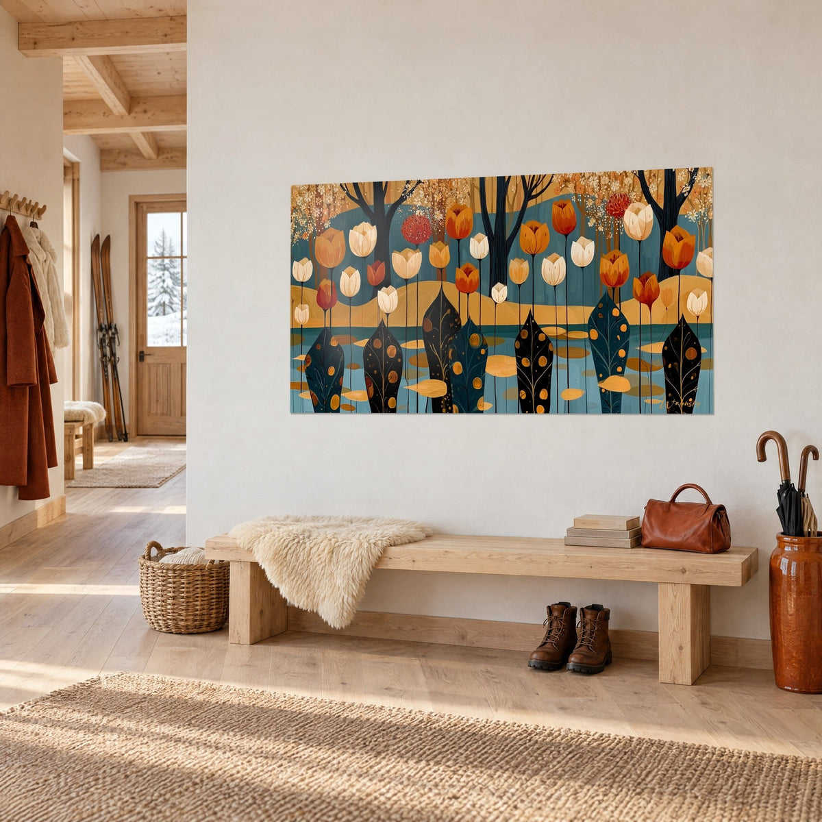 Tableau clairière dorée aux corolles orangées et crème, troncs sombres, vu de trois quarts sur un mur blanc d'entrée en chalet