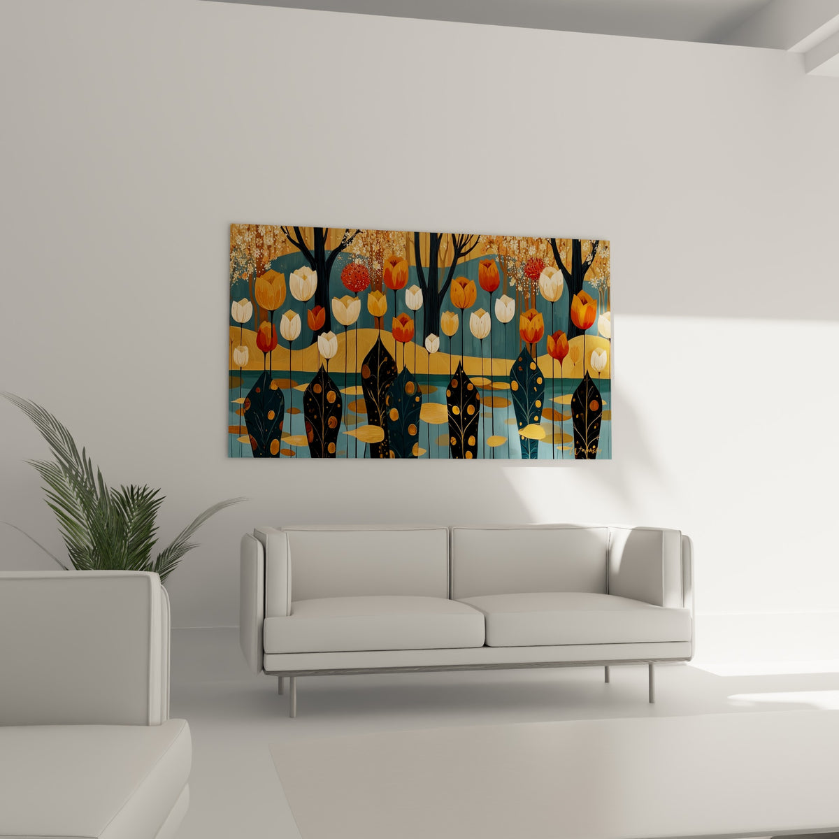 Tulipes dorées et blanches se dressant parmi des feuilles noires ponctuées, au-dessus d'un canapé dans un salon lumineux