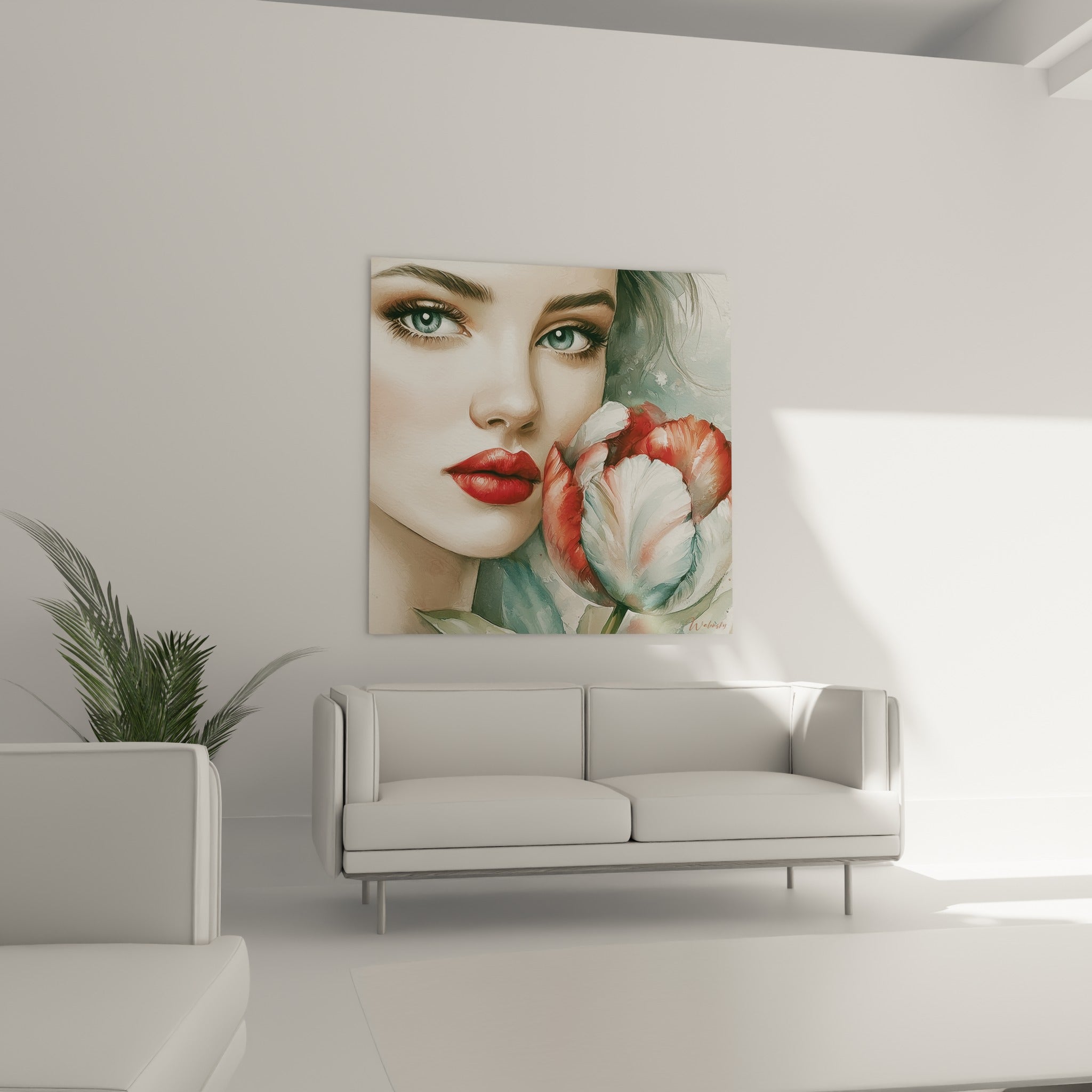 Femme aux lèvres rouges tenant une tulipe blanche au-dessus d'un canapé dans un salon lumineux
