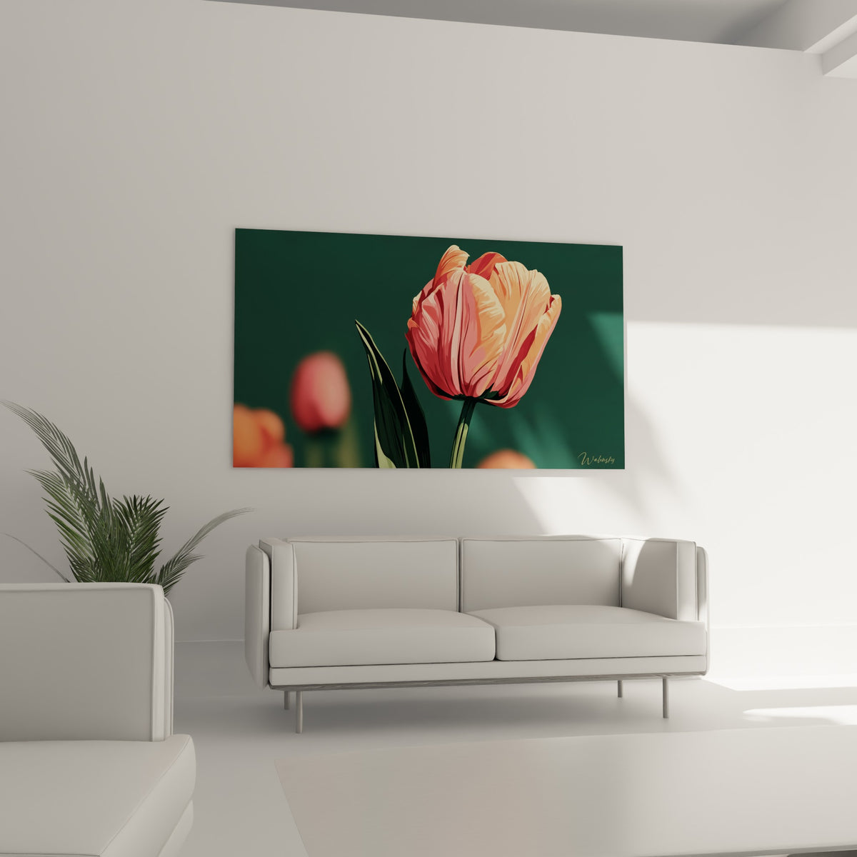 Fleur corail détaillée sur fond vert sombre accrochée au-dessus d'un canapé dans un salon lumineux