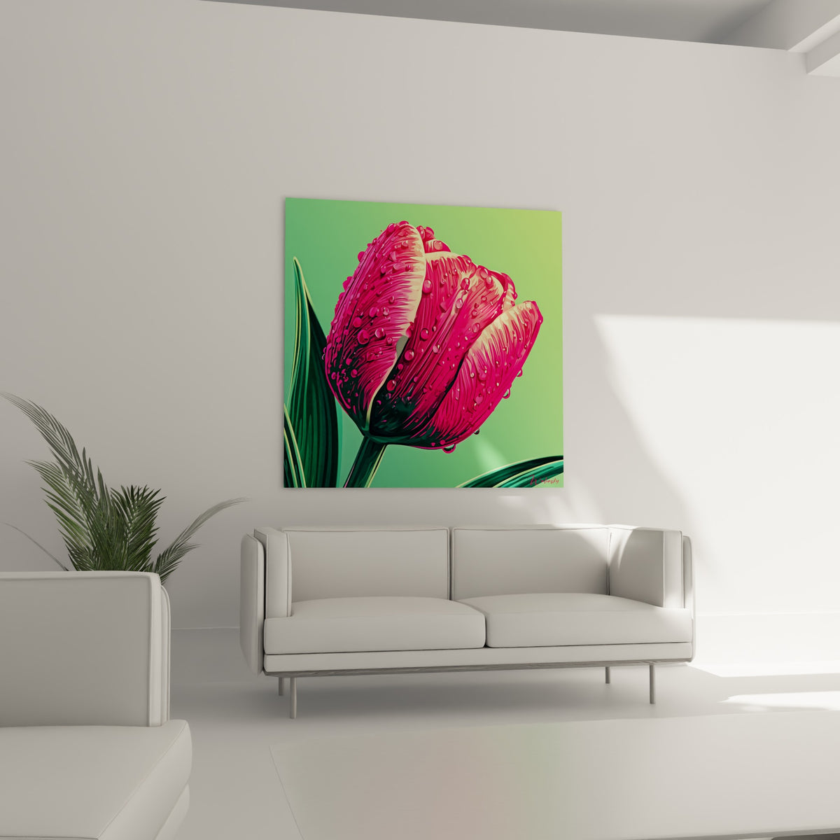 Fleur de tulipe fuchsia et verte accrochée au-dessus d'un canapé dans un salon lumineux