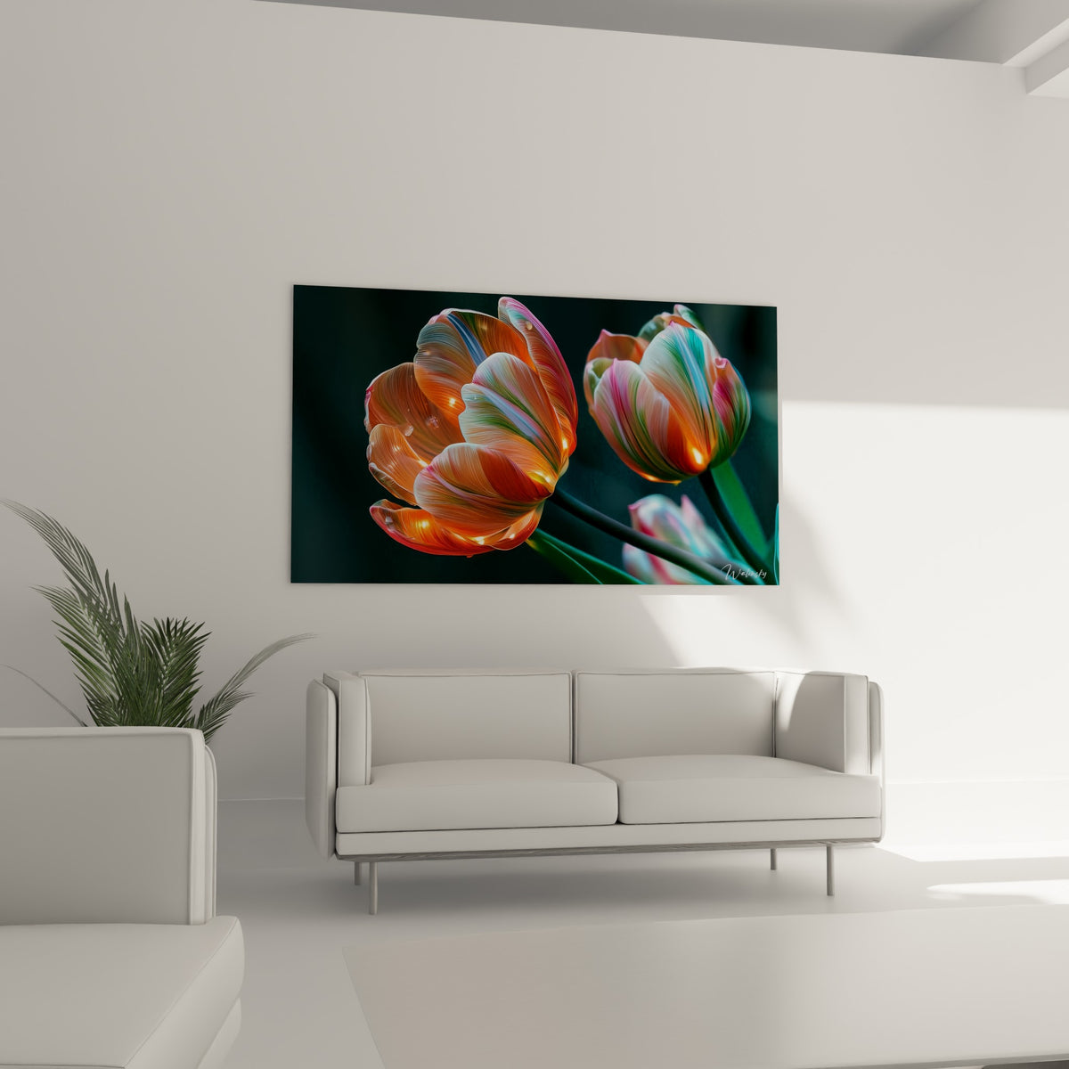 Fleur de tulipe aux teintes orangées et bleutées suspendue au-dessus d'un canapé dans un salon lumineux