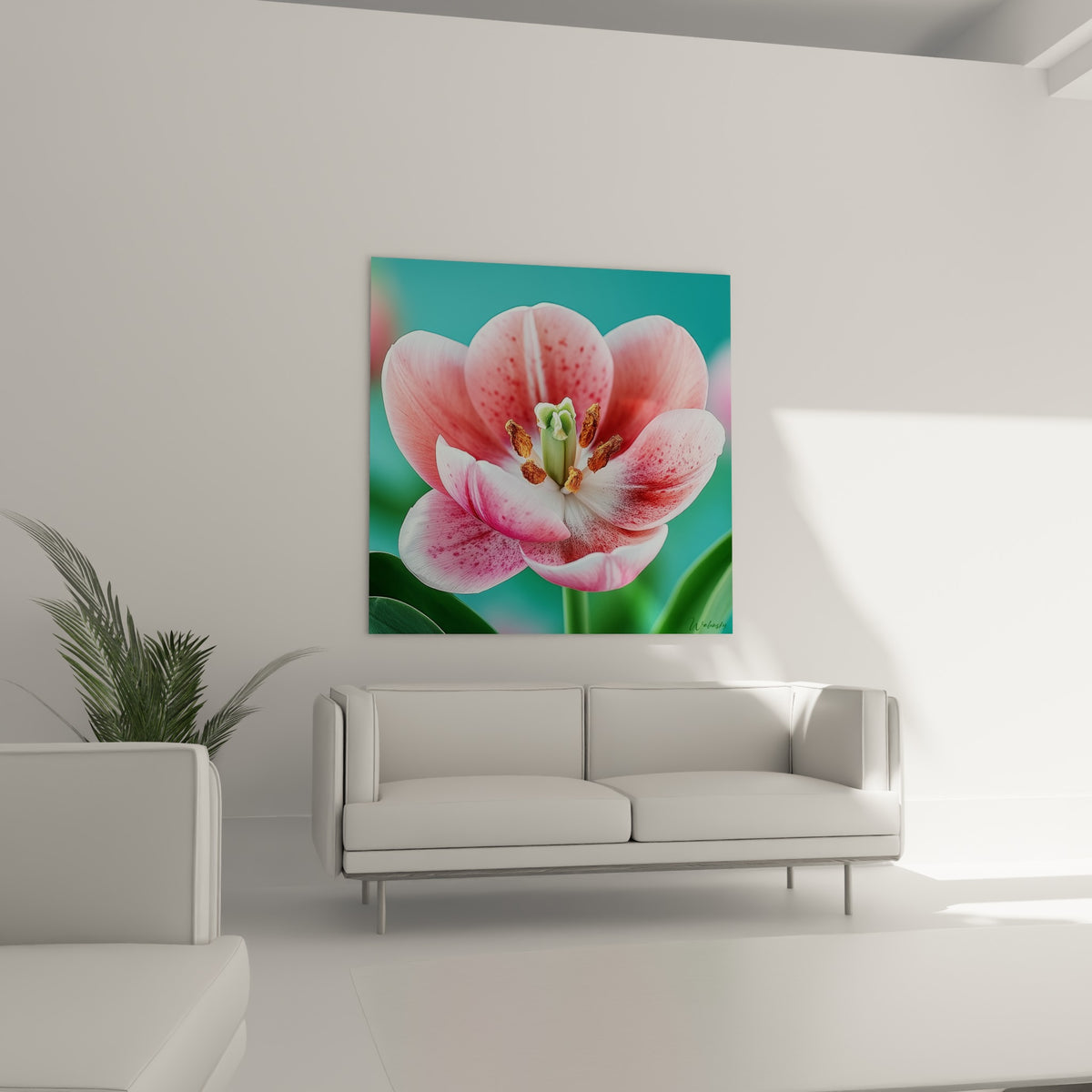 Tulipe rose et turquoise aux détails délicats installée au-dessus d'un canapé dans un salon lumineux