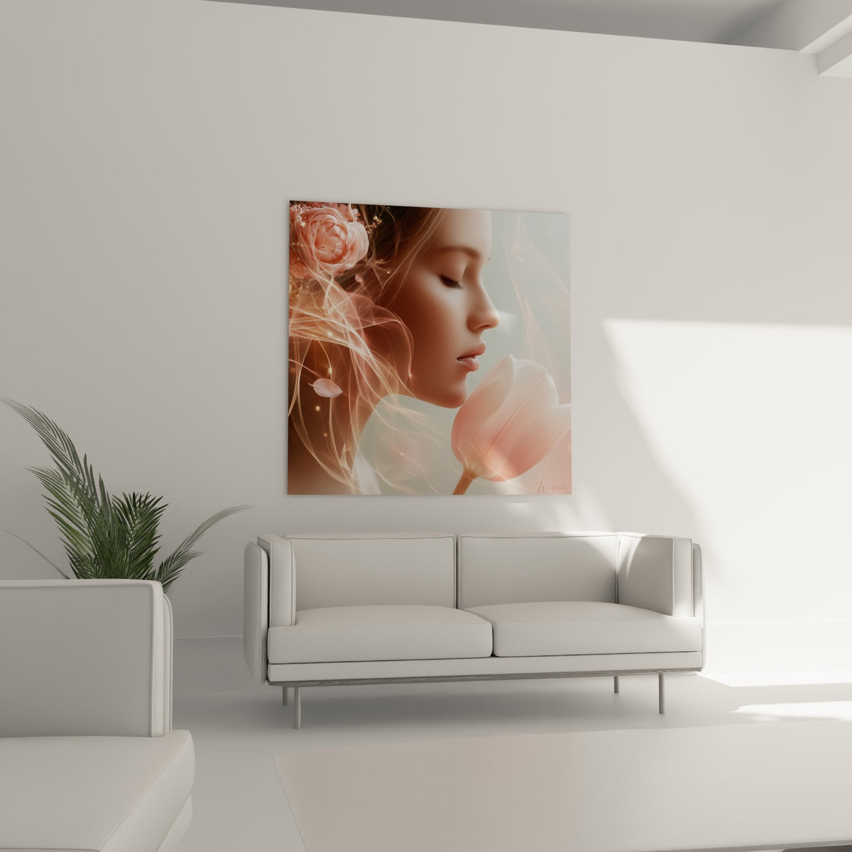 Tulipe rose et visage entouré de volutes dorées, placé au-dessus d'un canapé dans un salon lumineux