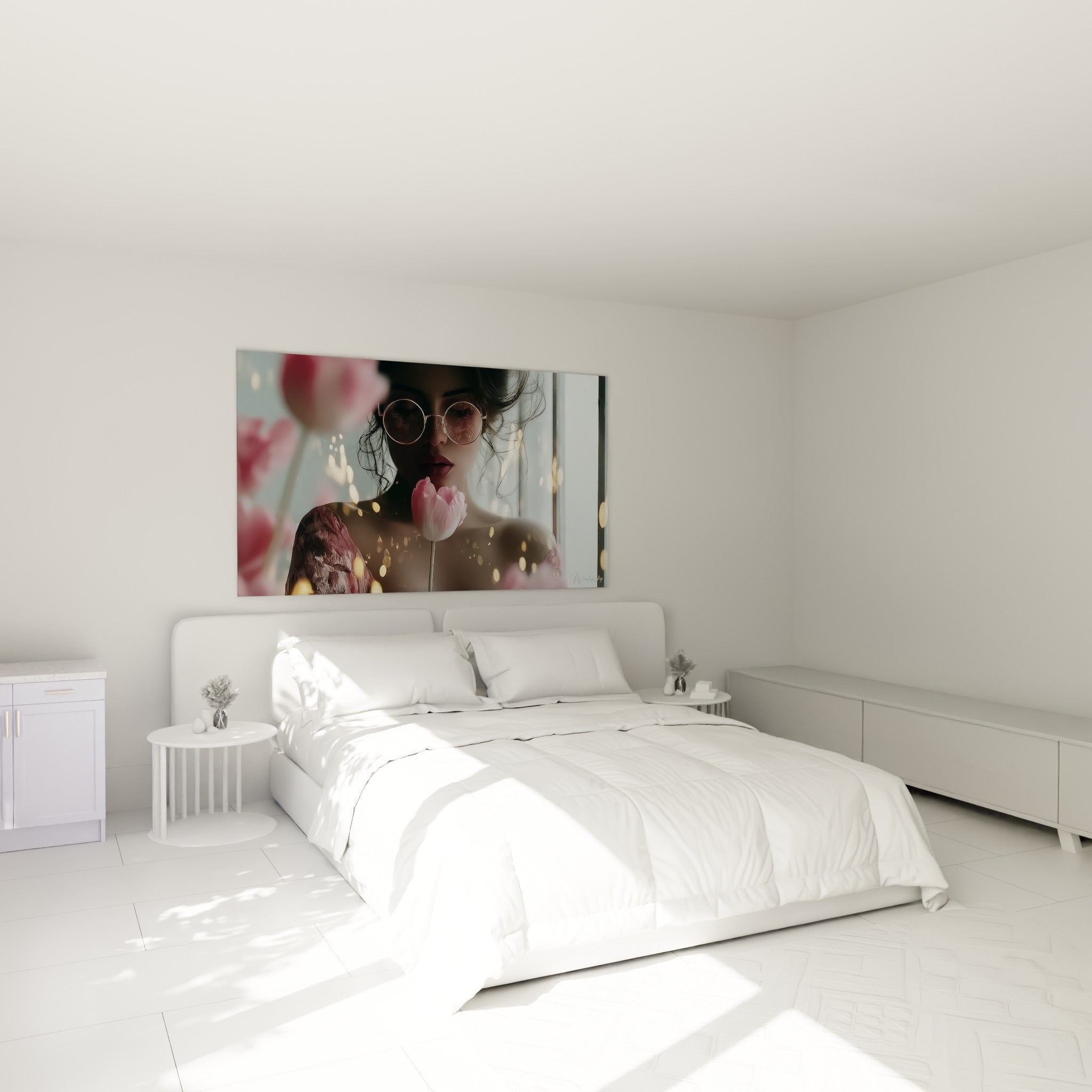 Silhouette féminine et tulipe rose pastel accrochées au-dessus d'un lit dans une chambre claire
