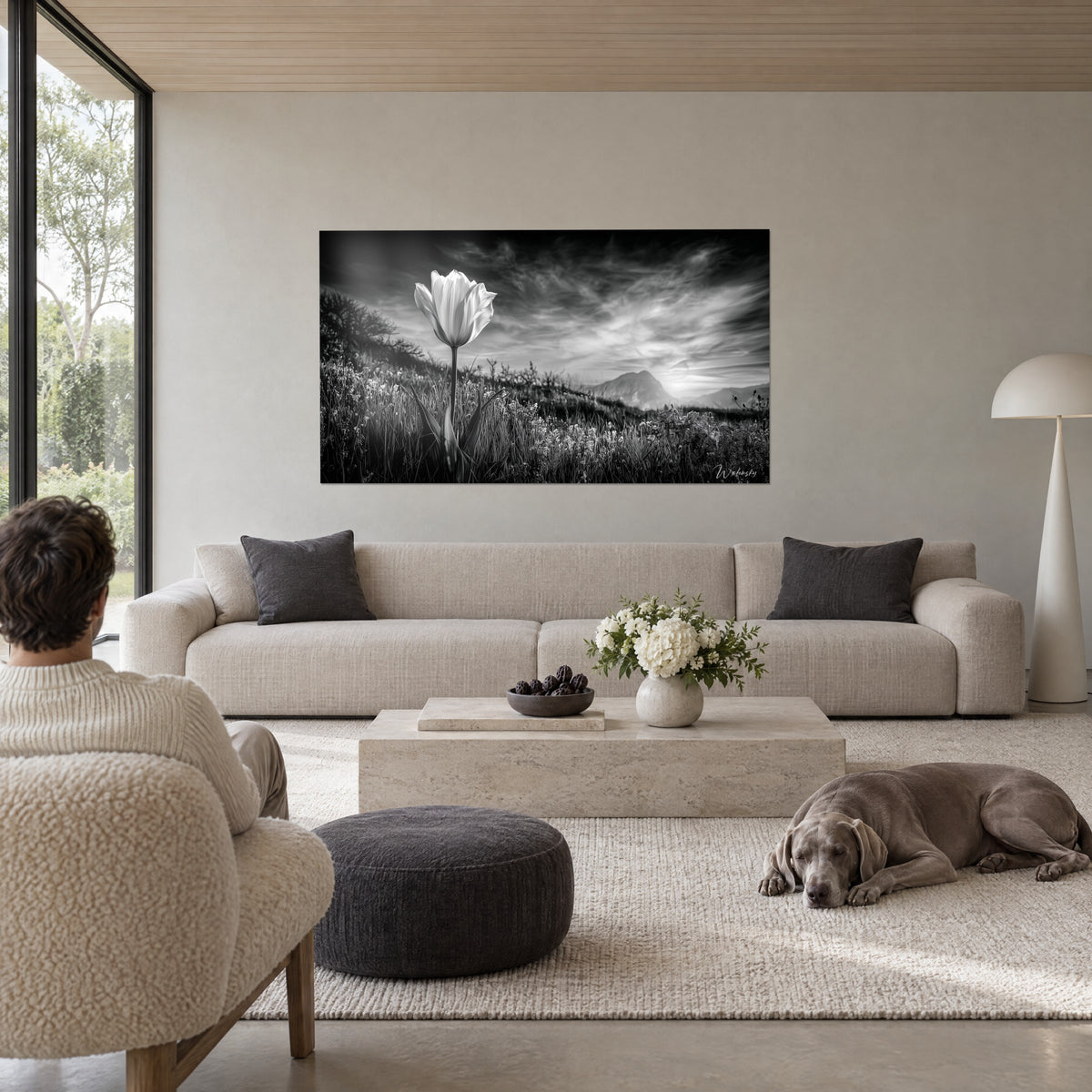Tableau tulipe blanche se détachant sur un ciel gris et noir tourmenté, prairie fleurie, homme de dos, au-dessus d'un canapé dans un salon lumineux