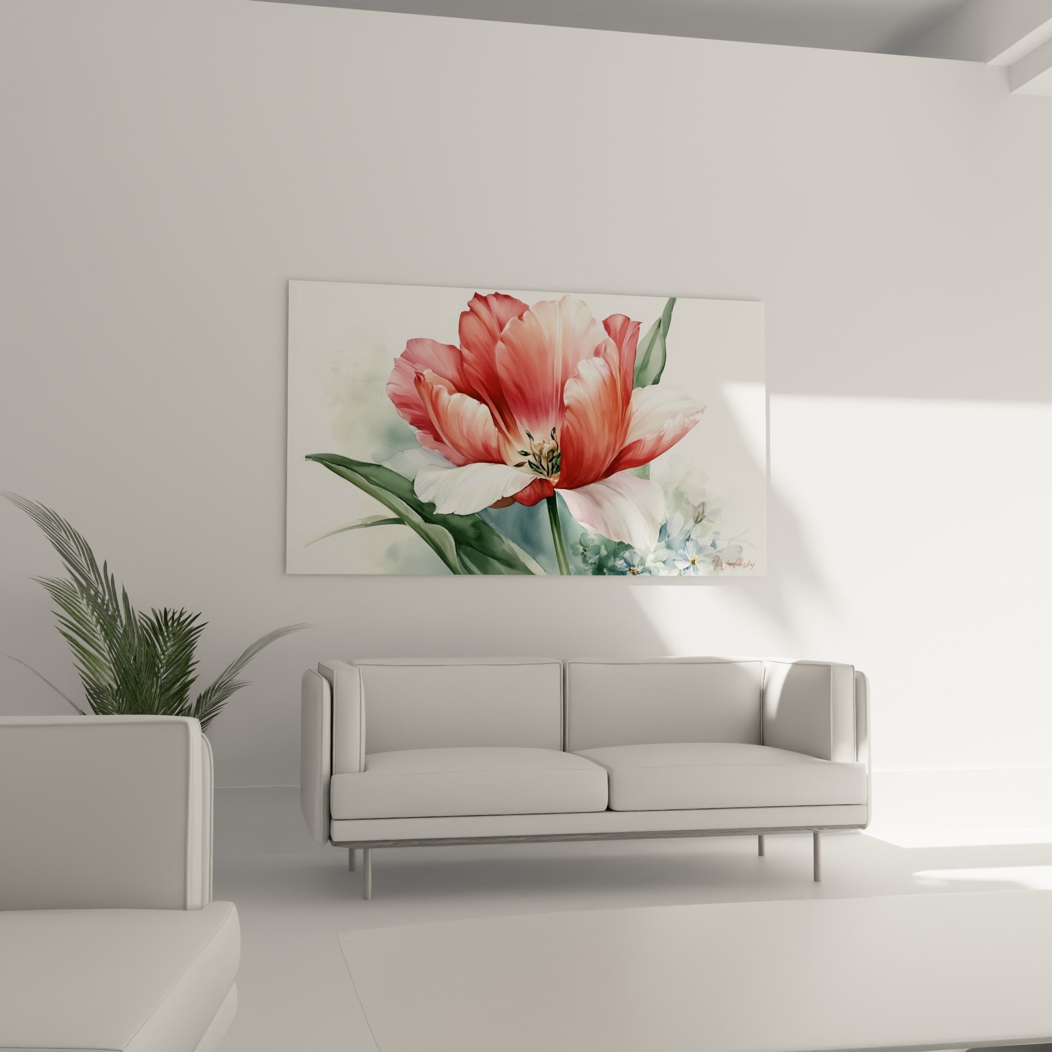 Tulipe blanche et corail à la texture aquarelle suspendue au-dessus d'un canapé dans un salon lumineux