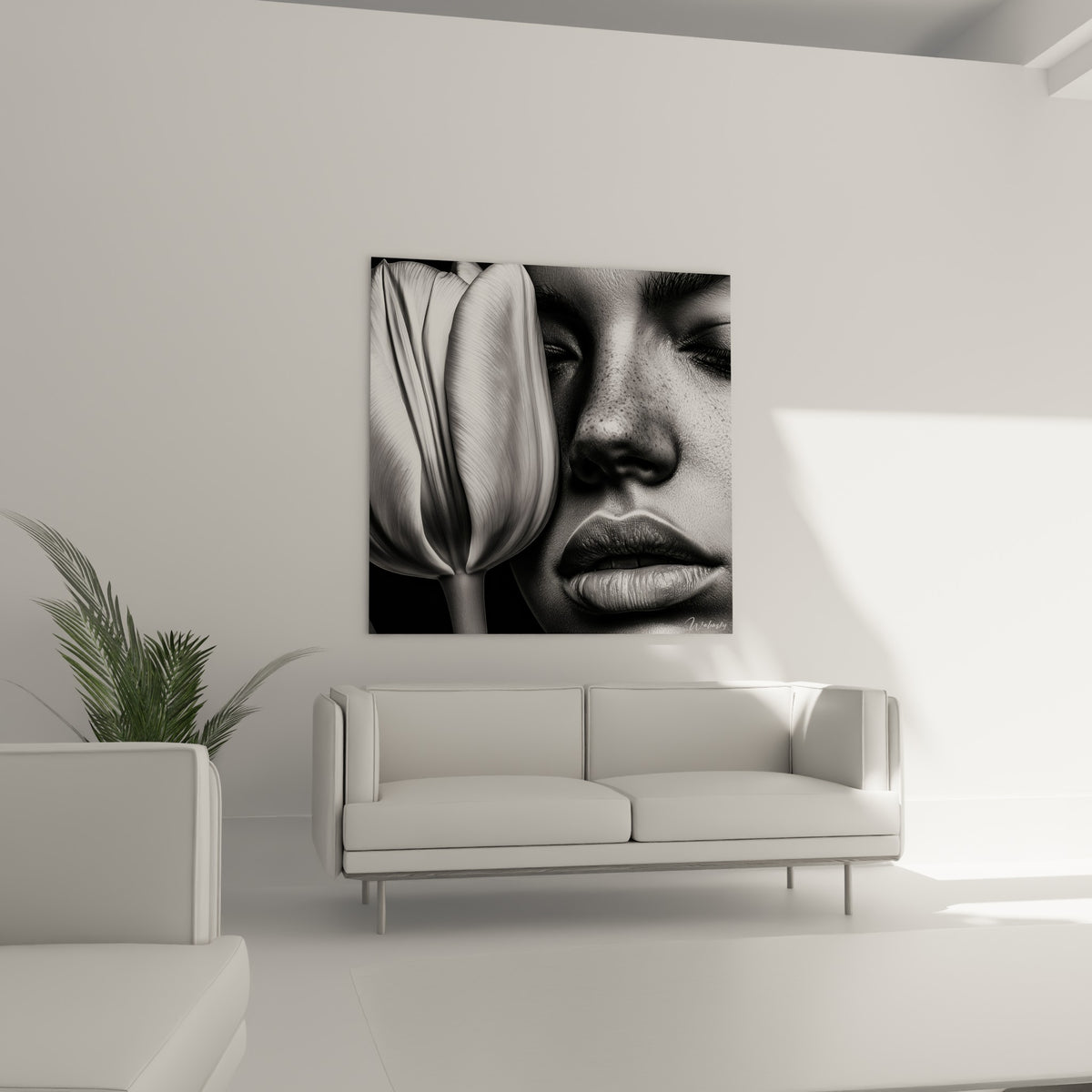 Fleur tulipe et visage gris perle en clair-obscur intense, suspendus au-dessus d'un canapé dans un salon lumineux.