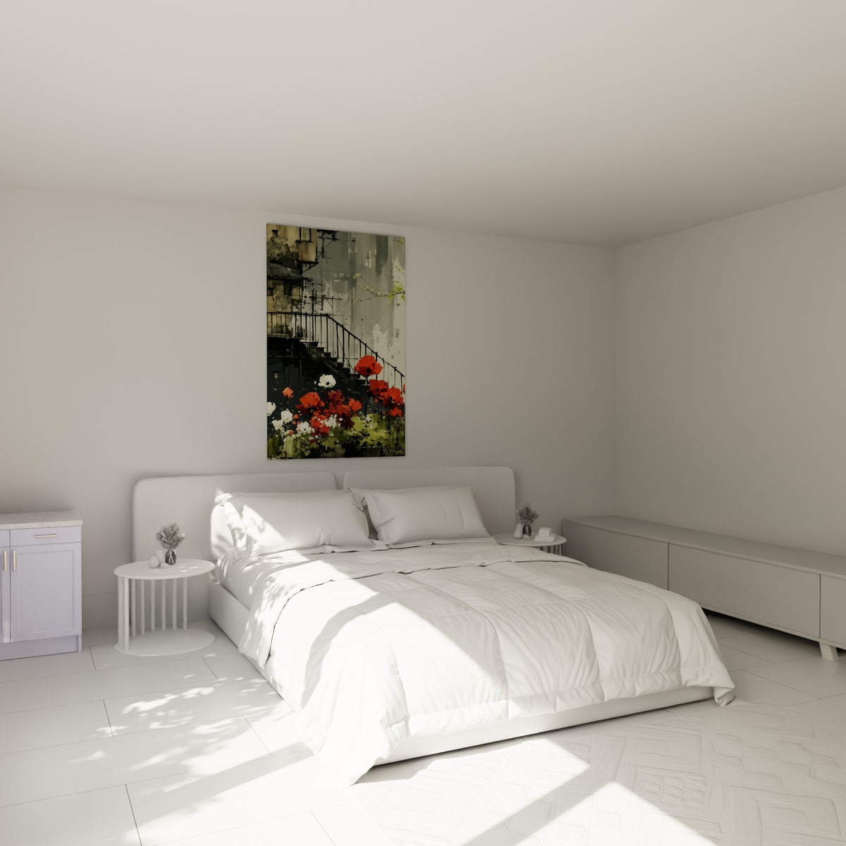 Massif de tulipes rouges et vertes accroché au-dessus d'un lit dans une chambre claire