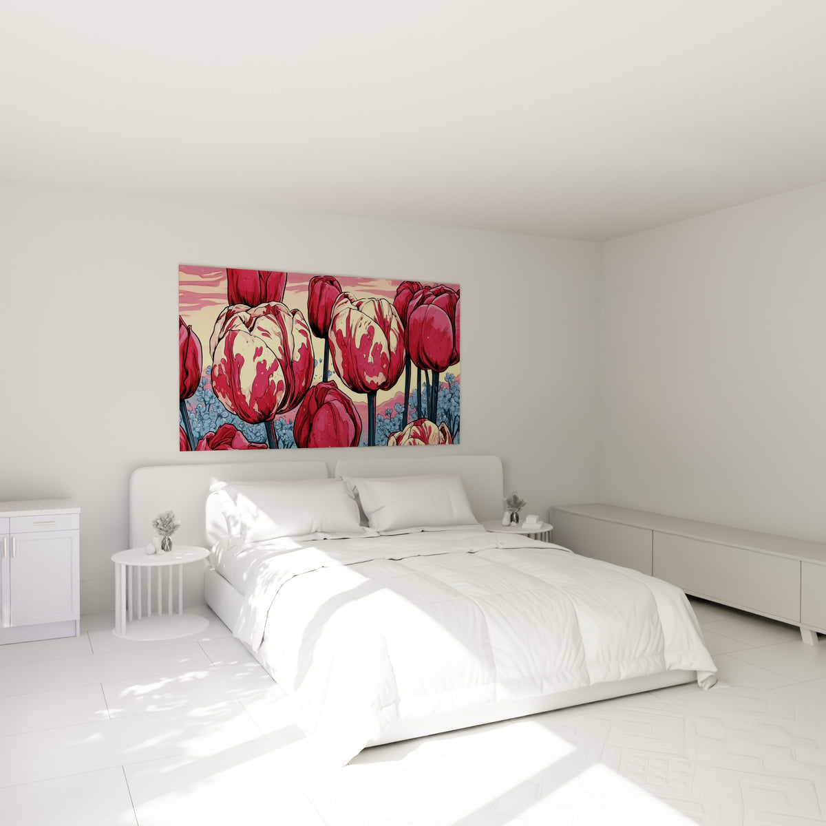 Tulipes crème et pourpres illustrées au-dessus d'un lit dans une chambre claire et lumineuse