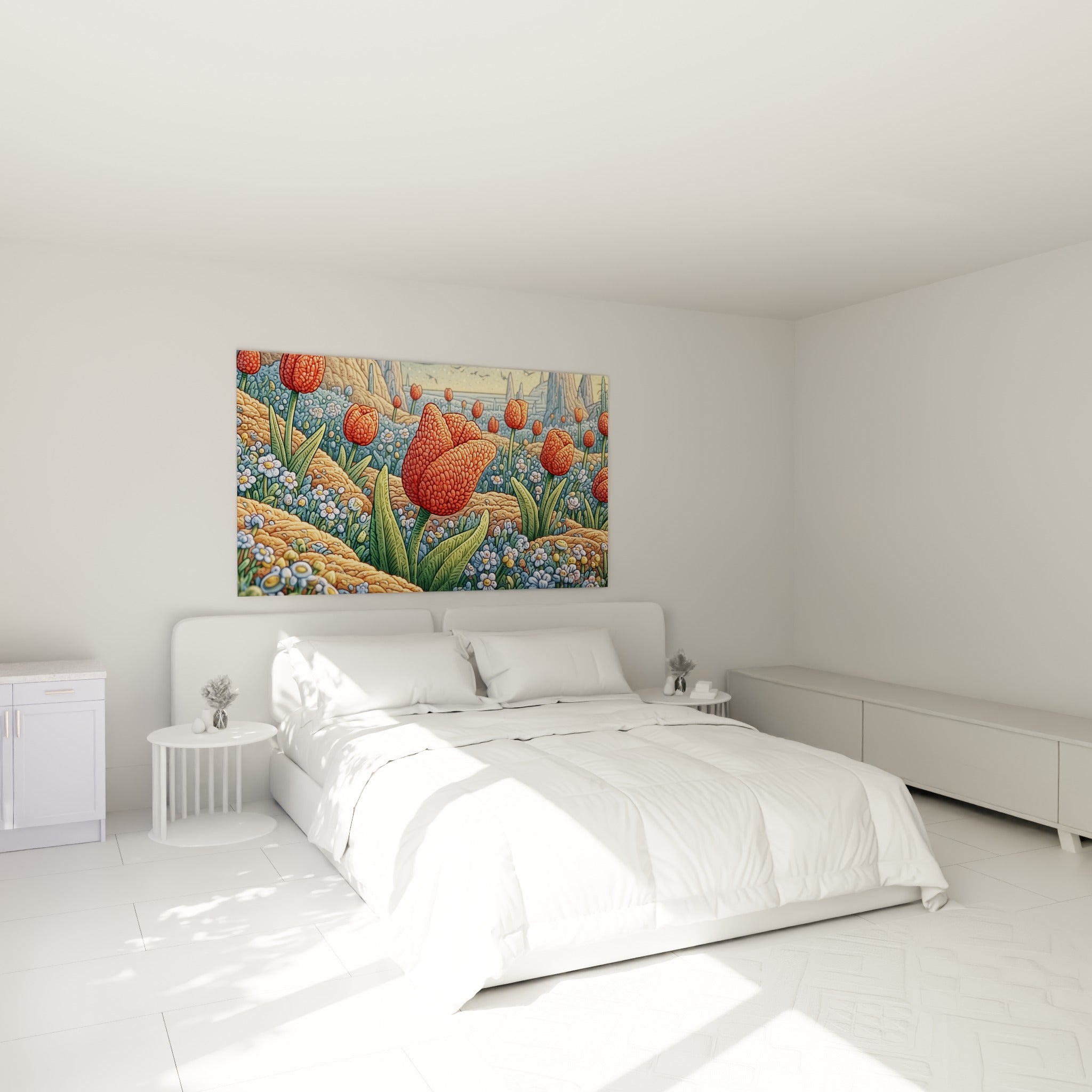 Tulipe rouge et champ ocre texturé accrochés au-dessus d'un lit dans une chambre claire